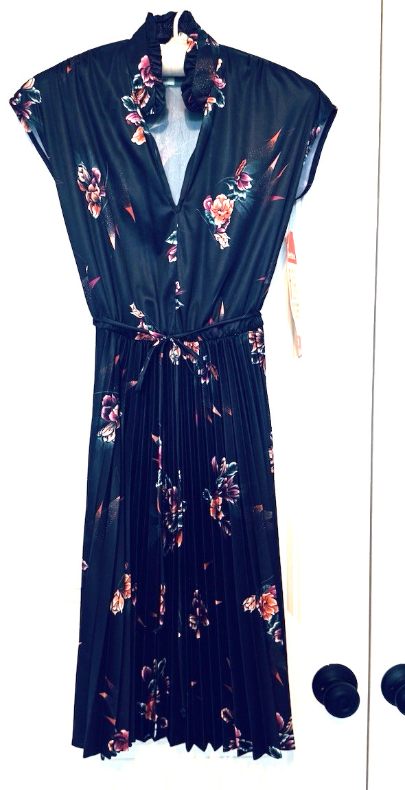 NWT Vintage 70s Black Cap Sleeve Ruffle Trim Floral Secretary Midi Dress S 8P
