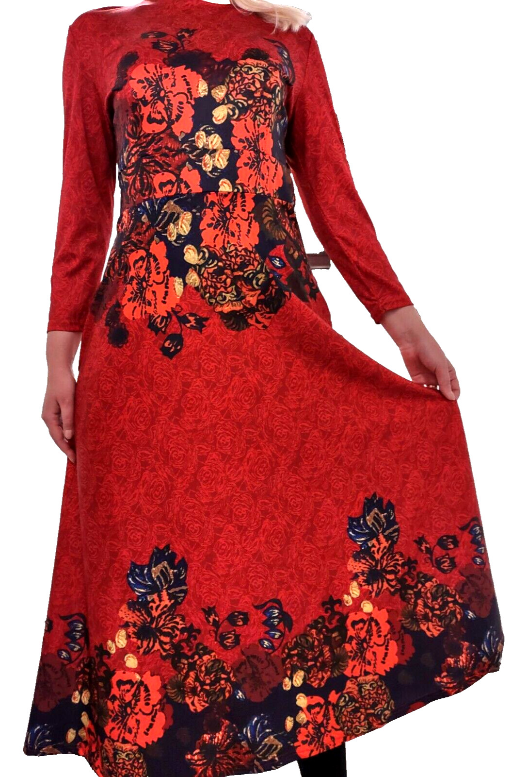 Fall Dress FLORALS Long Sleeve Fit Flare Stretch NEW LOOK RETRO PRINT
