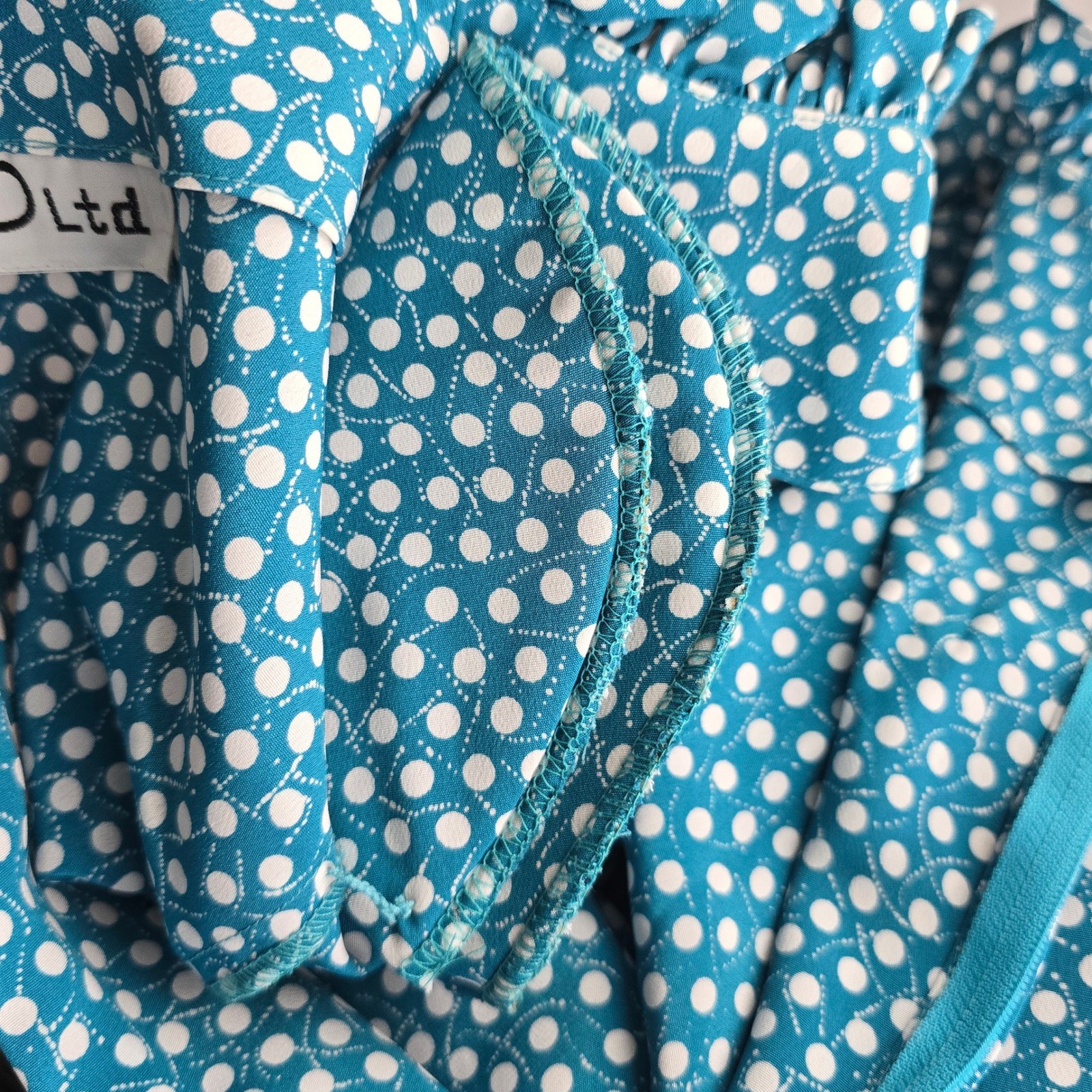 Ciao Ltd Vintage Teal Polka Dot Midi Dress Ruffle High Neck Short Sleeve Retro