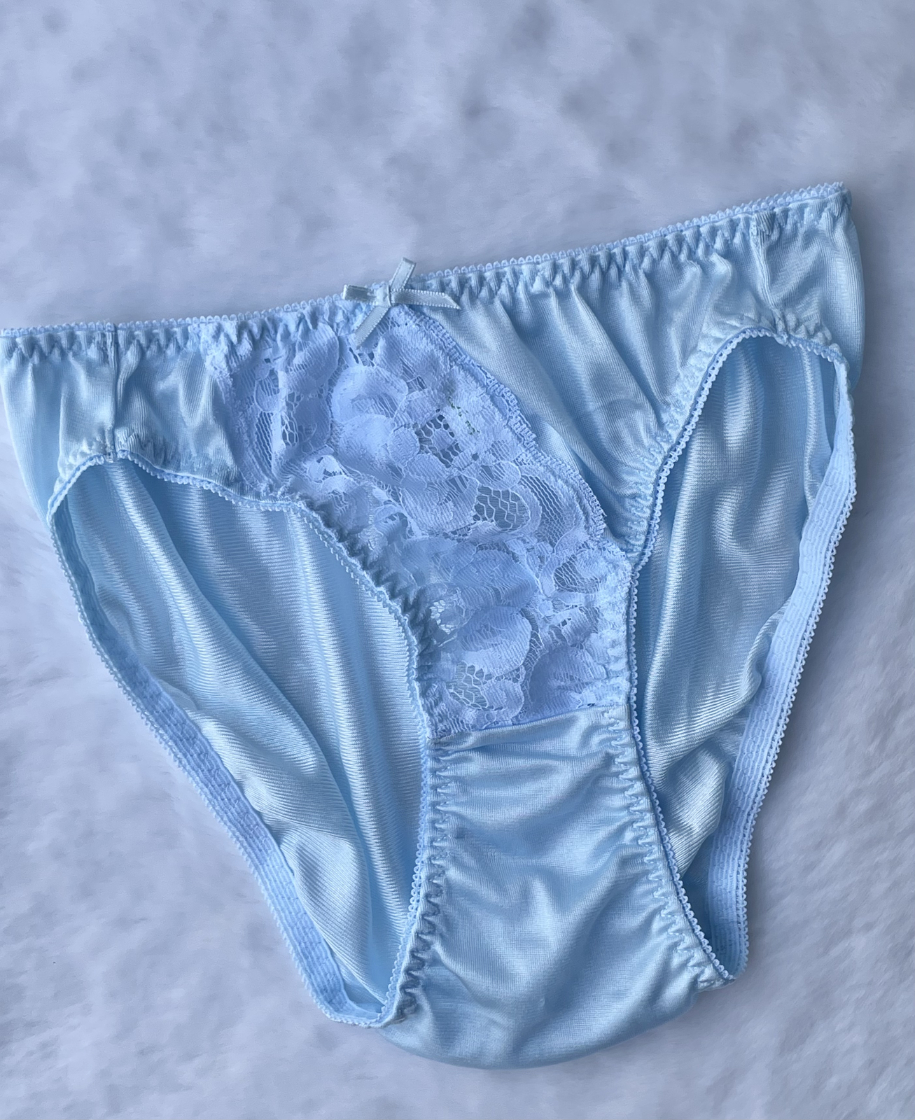 Vtg Slippery Powder Blue Nylon Panty Sheer Lace Hi Cut Briefs SZ.5-6 Hip 35-38″