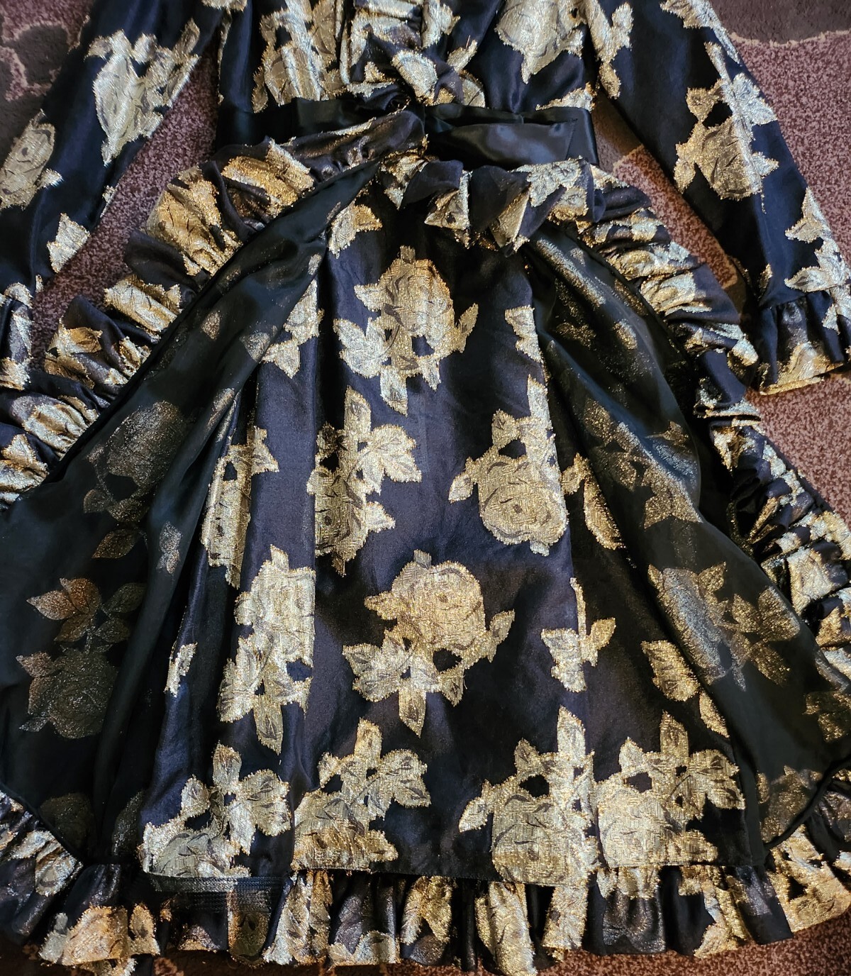 Roger Milot for Fred Perlberg VTG Gold Metallic Floral Ruffle Trim Evening Dress