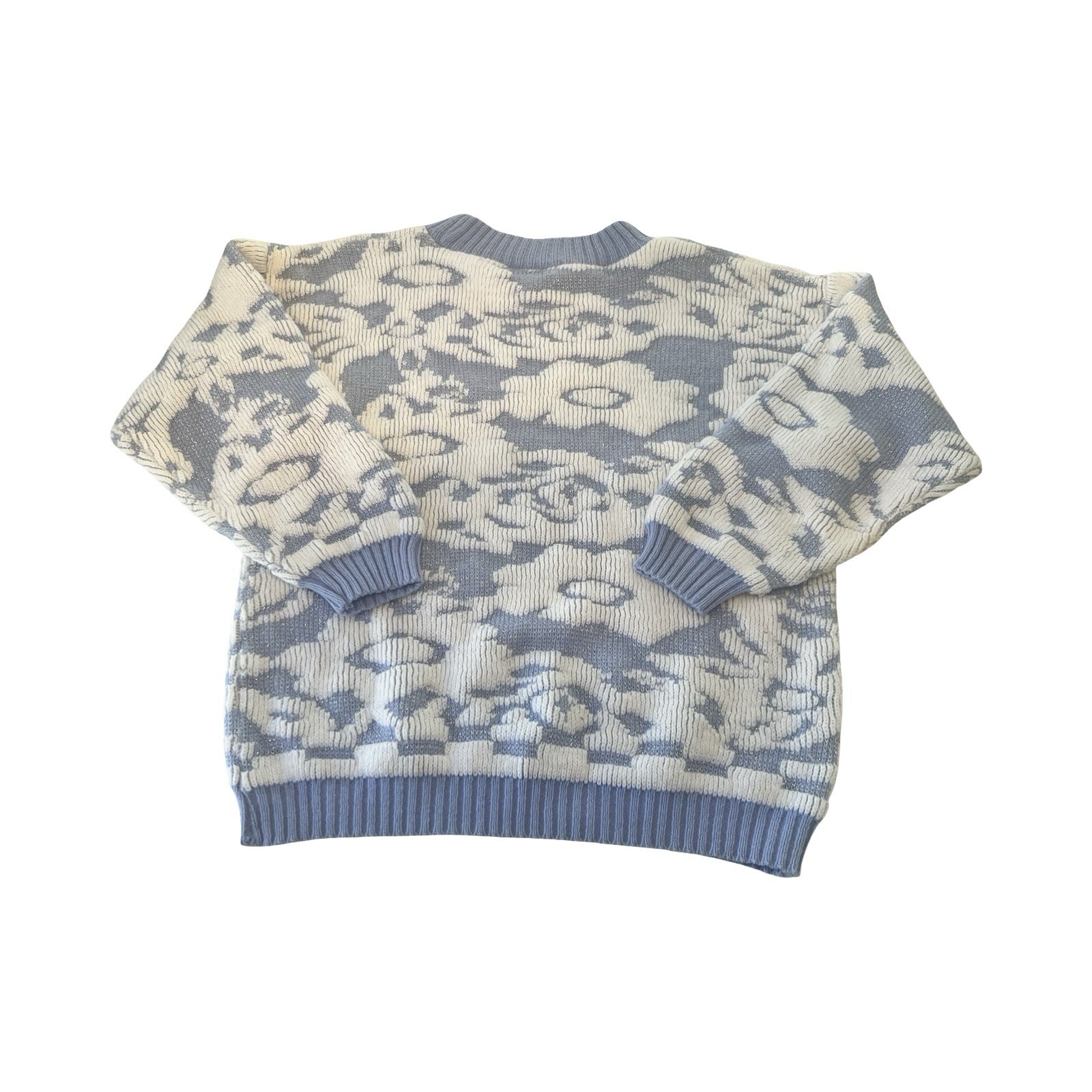 Arielle Vintage Floral Knit Sweater Blue White Metallic Lurex Made in USA Retro
