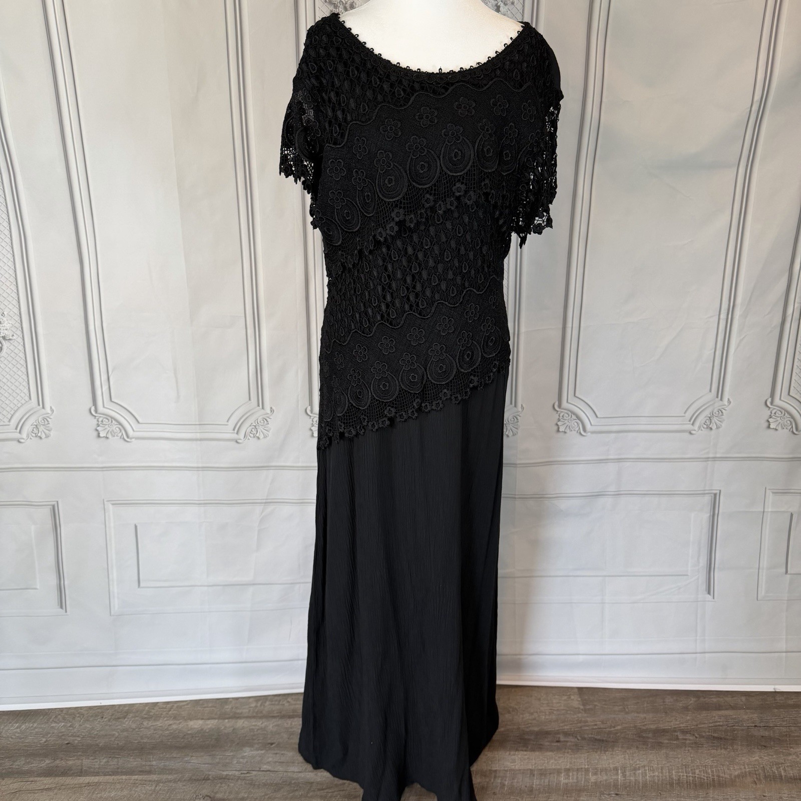 Vintage 90s Magnet Art Lynn Yang Boho Crochet Lace Overlay Dress SZ L Maxi Flowy