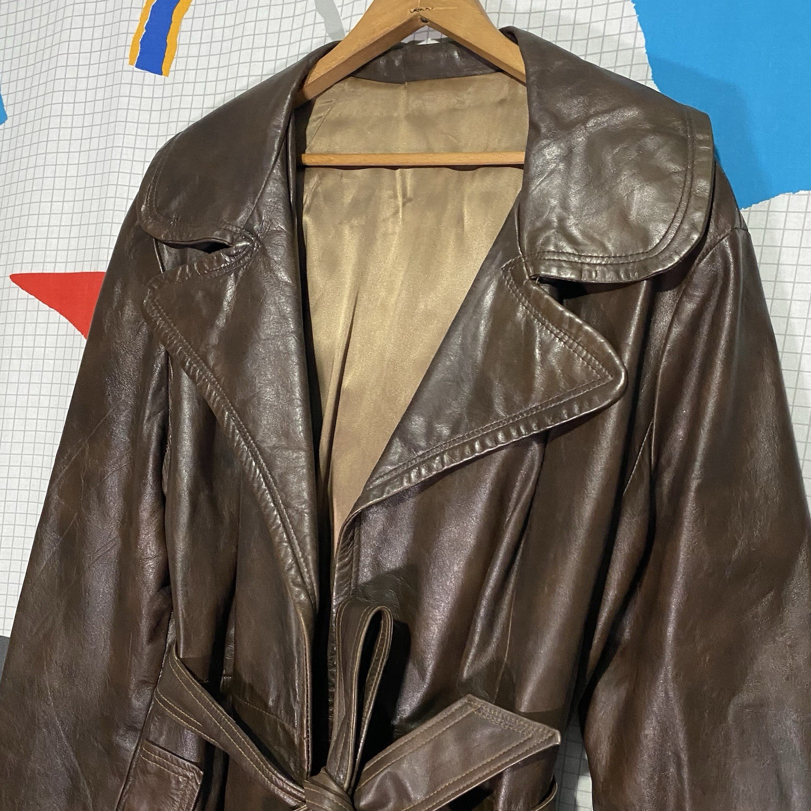 Vintage 60s Hide Leather Trench Coat Belt Wrap Open Wide Spread Lapel Altman