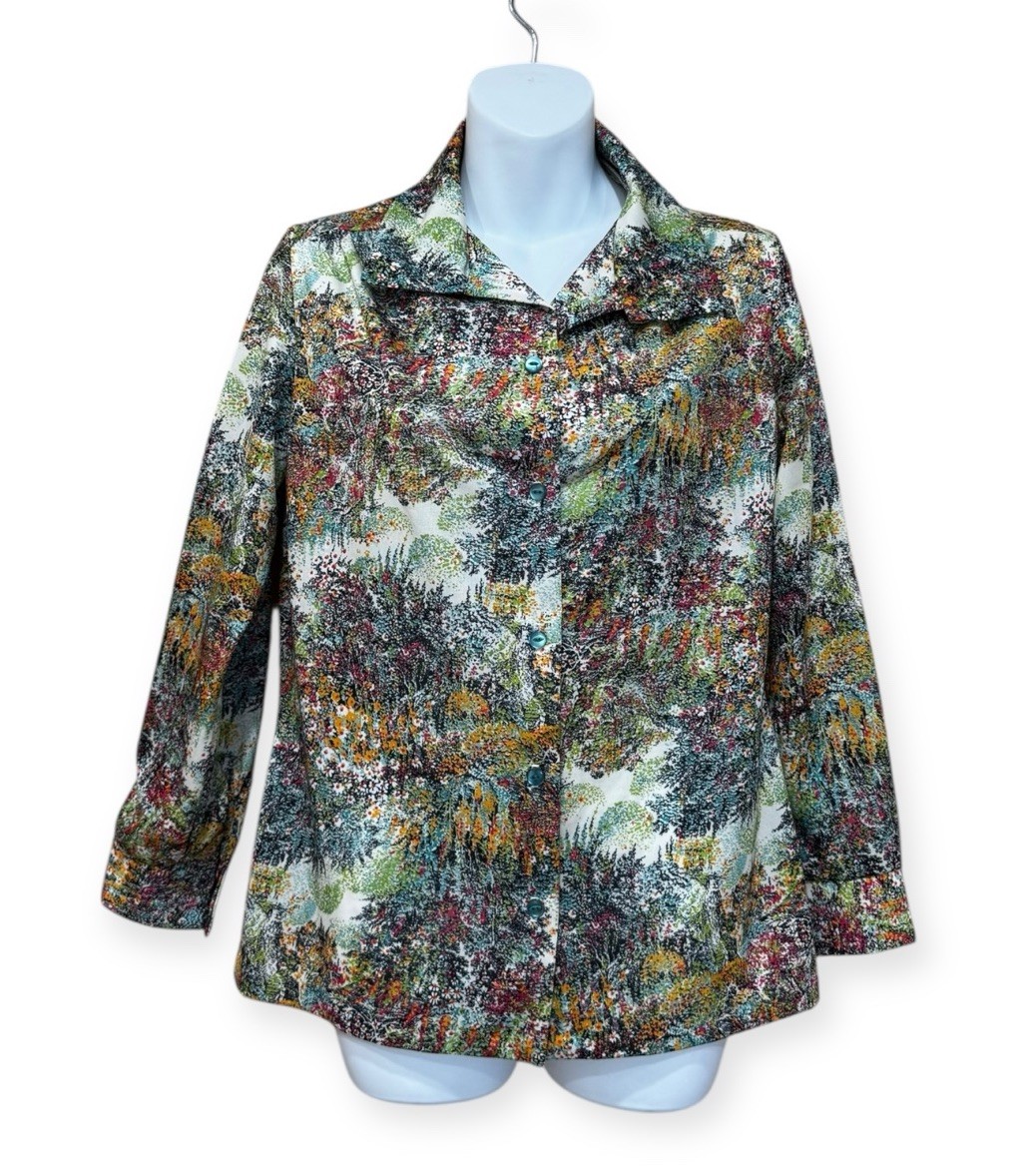 Classic 70s Jane Colby Mod Top Hippie Floral Blouse Geometric Size M