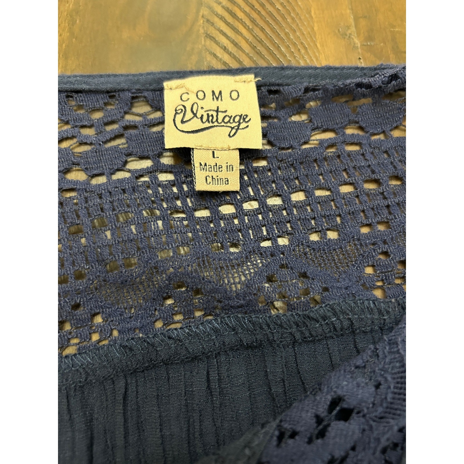 Como Vintage Tunic Top Large Navy Blue Crochet Lace Crinkle Boho Blouse