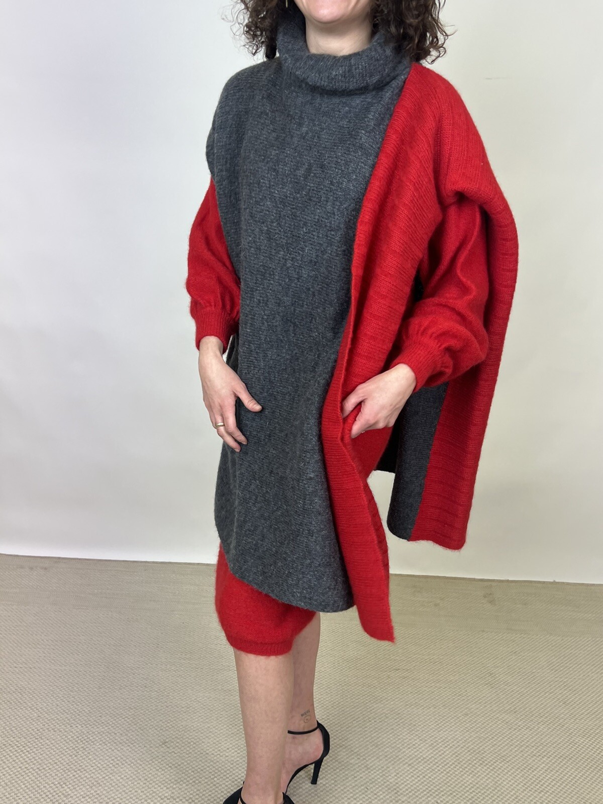 Vintage 1980s Karl Lagerfeld for Chloe Sweater Dress & Poncho Red Gray Designer