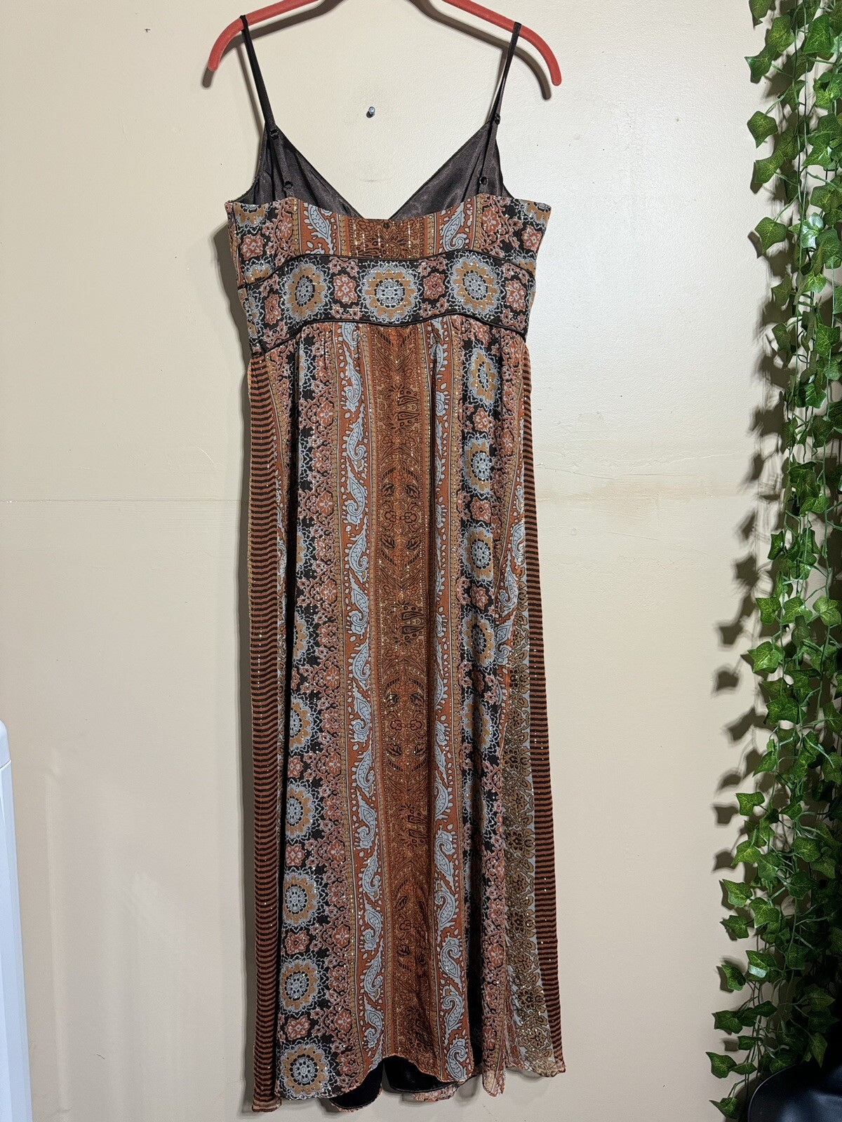 VTG Spenser Jeremy Beaded Metallic 98% Silk Sun Dress Empire Waist Brown Sz 10