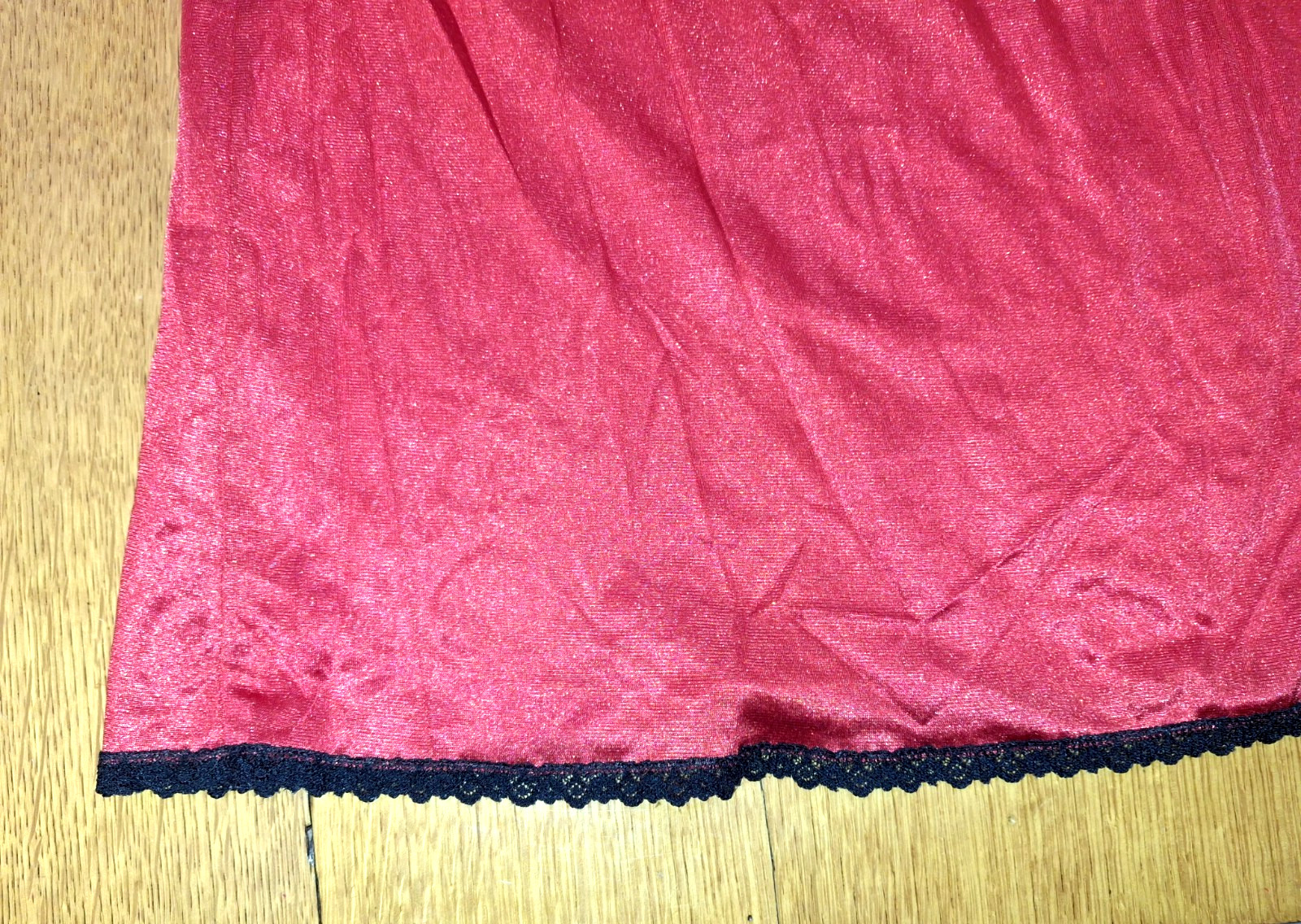 Vintage Red Nylon Black Lace Cami Lingerie Slip Top Spaghetti Straps Slit Side