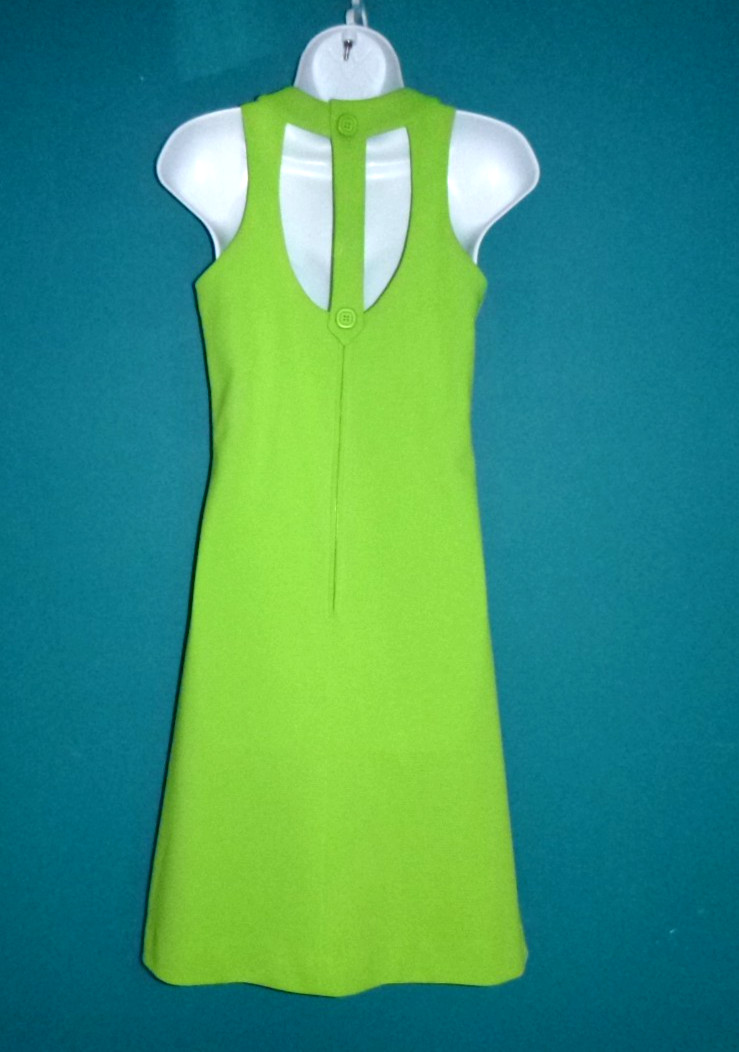 Vtg 60s 70s Gay Gibson MOD Bright Green Ribbed Poly Dress Unique Back Sz S/M