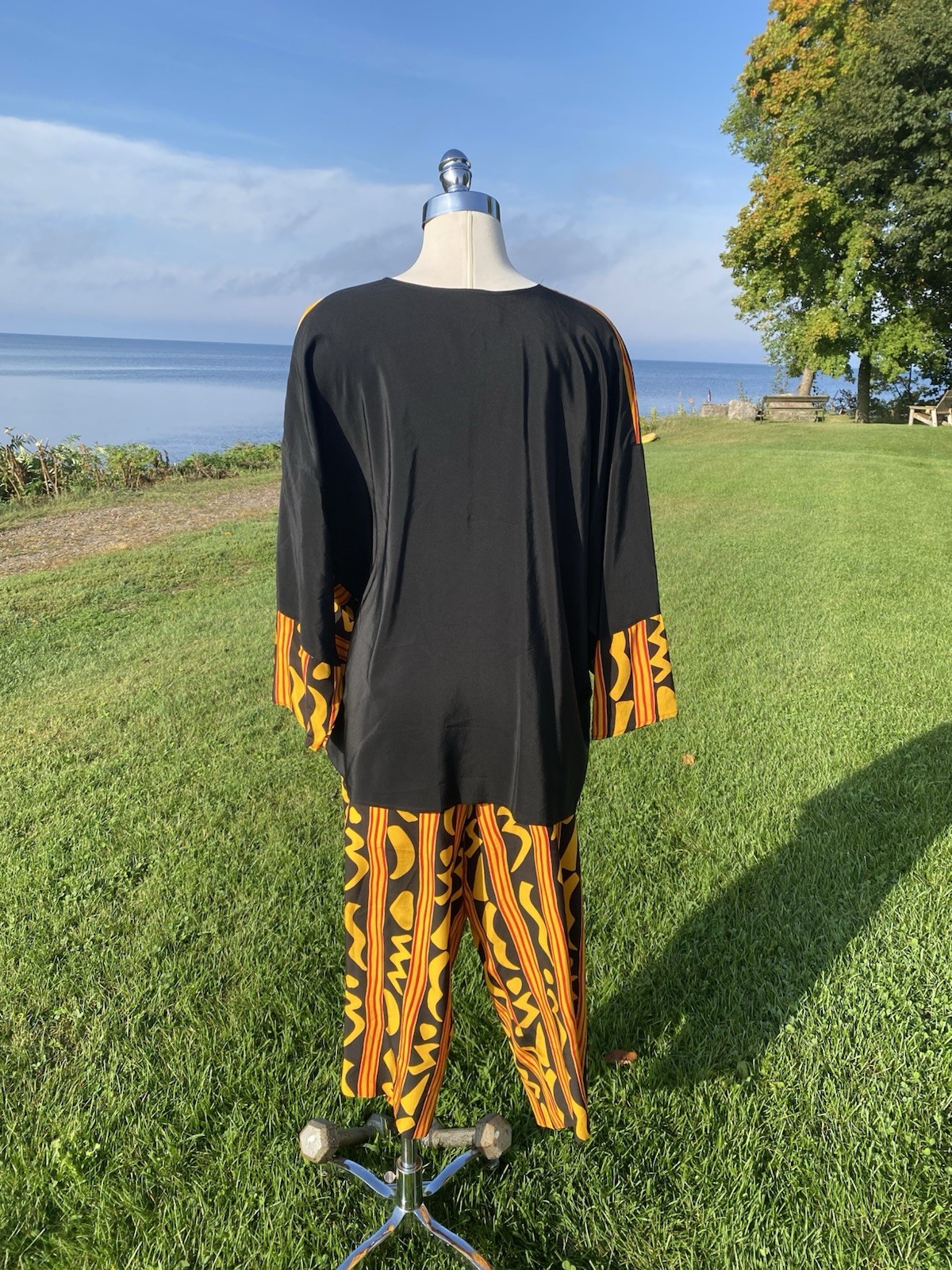 Vtg 1980s Gold Black Geometric Silk Blouse Balloon Pants Size Large To 1X