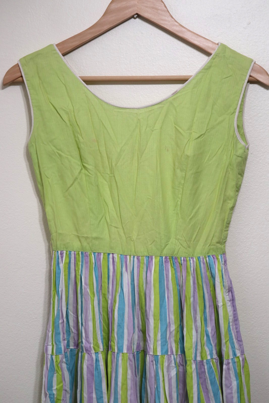 50s Abby Kent Chartreuse Stripe Sleeveless Tiers Full Skirt Day Dress Women XS 0
