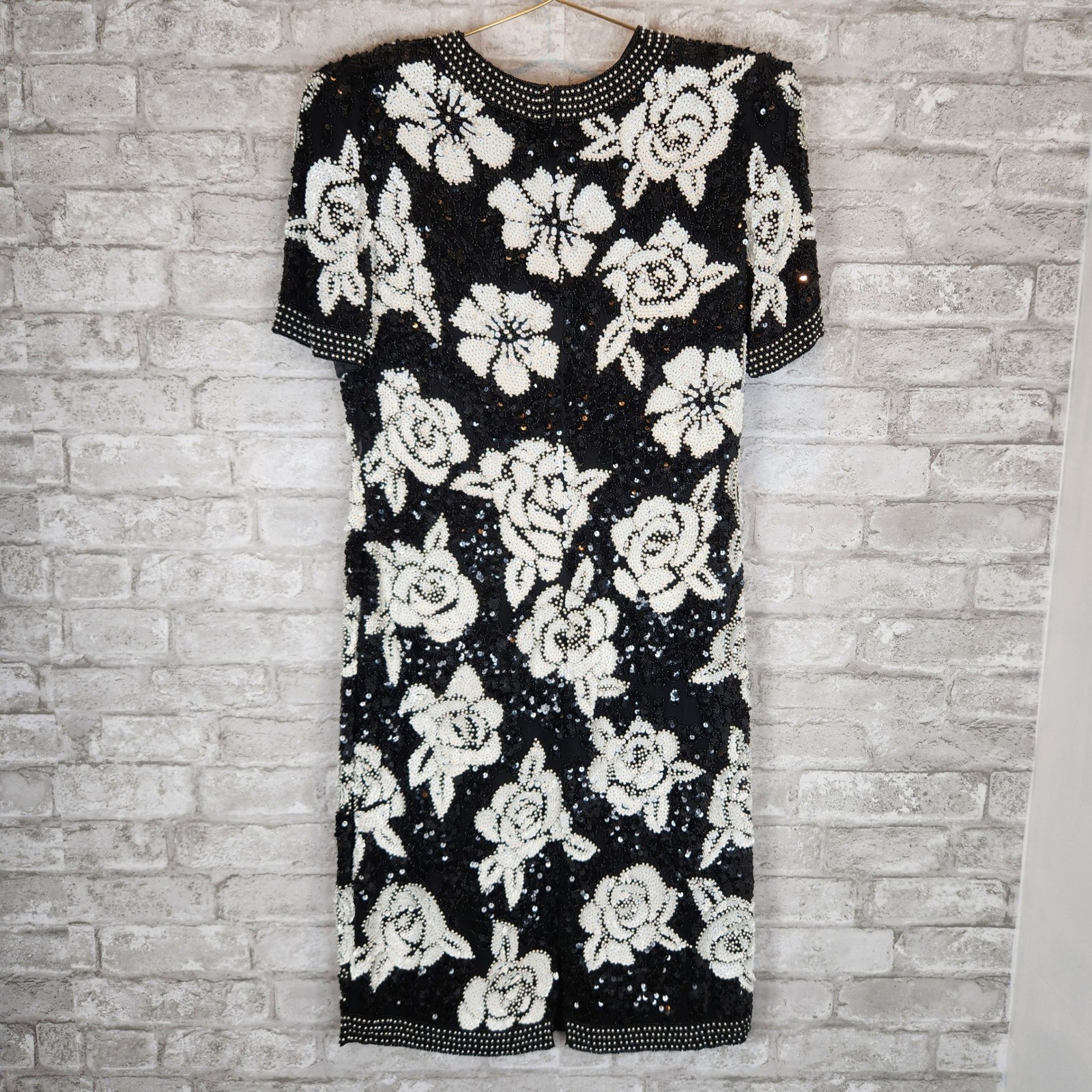 Joan Leslie Vintage 80s Dress Floral Beaded Sequin 100% Silk Cocktail 6