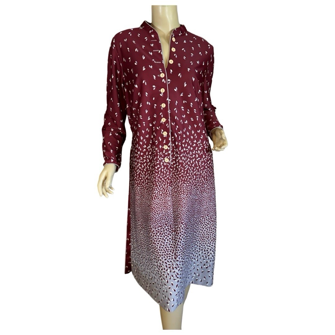 VINTAGE 1980’S LORAC BURGUNDY & GRAY LEAF PRINT SHIRT DRESS SIZE XL