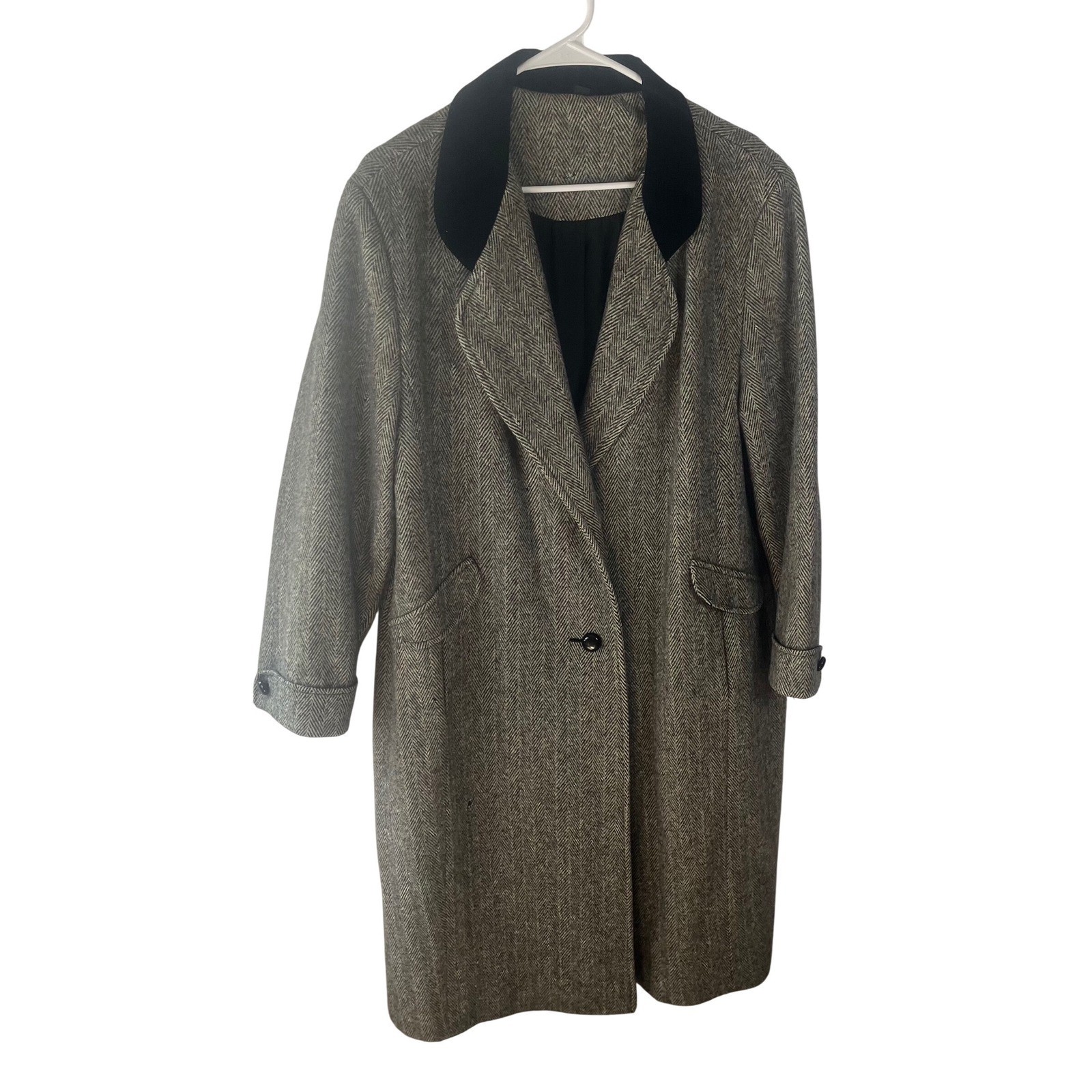 Vintage Made in USA Herringbone Coat Velvet Collar Gray Longline Overcoat