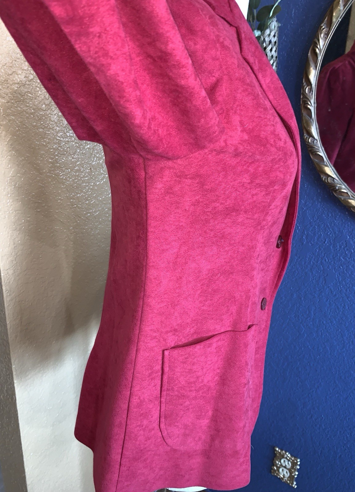 B2 80s Velour Blazer Jacket Sz M Pink Fuchsia Button Career Office Preppy