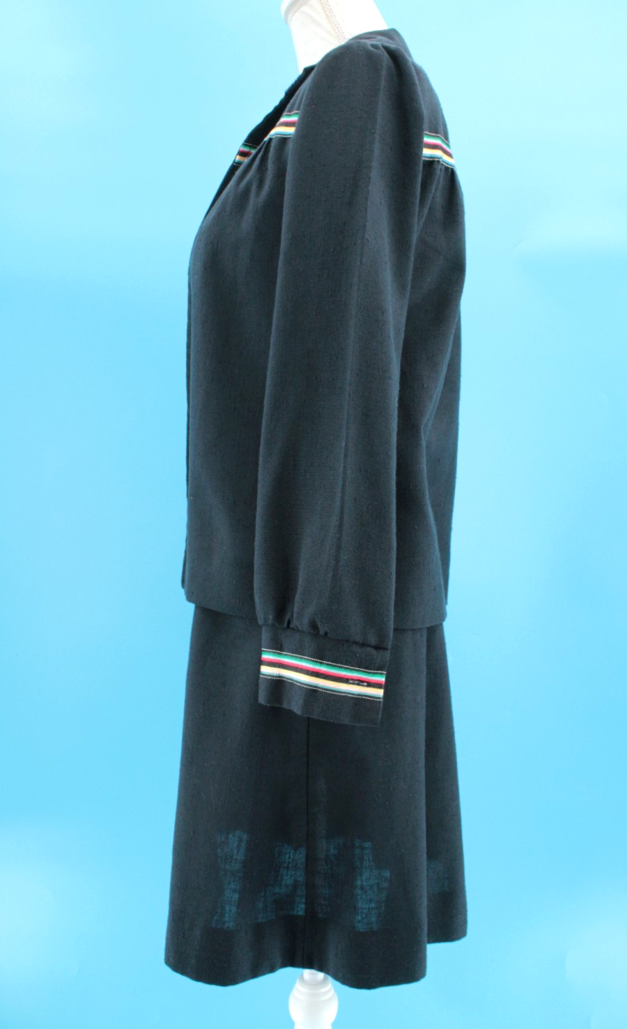 Vtg Women’s 70s 2 Pc Black W/ Rainbow Trim Dress & Top / Shirt Set XS/S 1970s