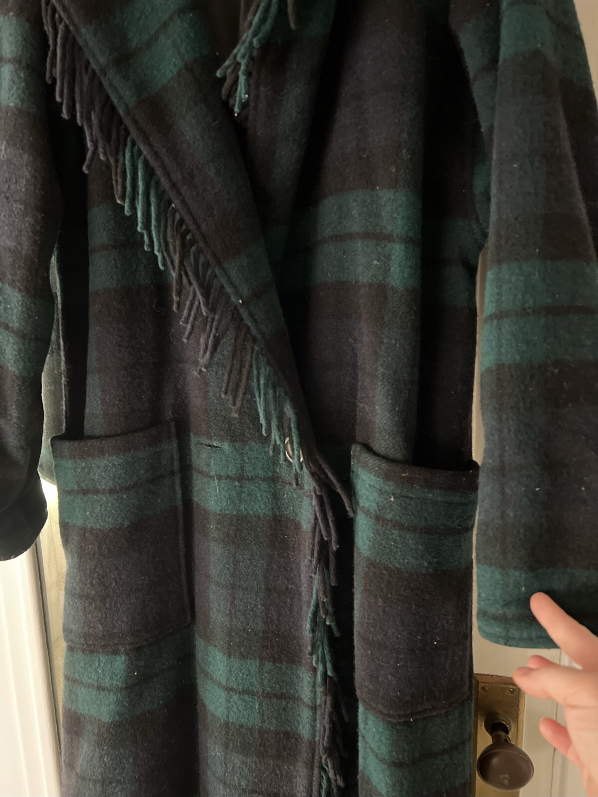 Vintage 80s HTF L.L. Bean Plaid Green Multi Fringe Wool Coat Hood Petite Medium