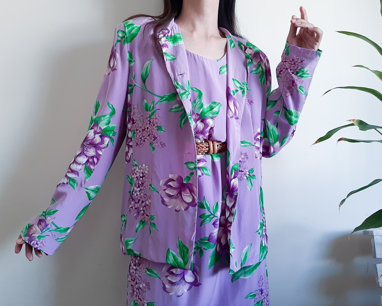 METRO STYLE Purple Floral 100% Silk Dress Jacket Set 2 Piece set Size 16 Size XL