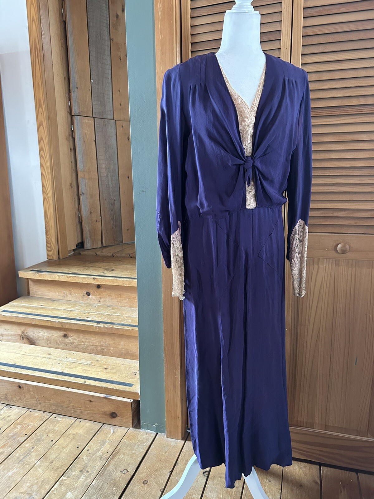 Stunning Vtg 30s Crepe Royal Blue Purple Ecru Bishop Sleeves Dress M