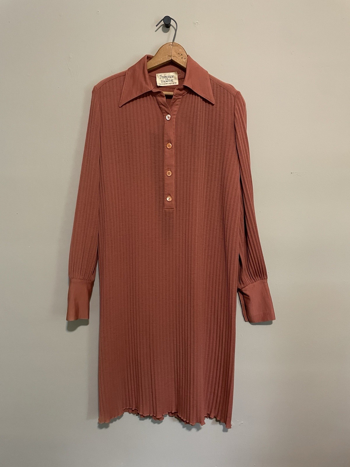 70s Francesca For Damon Dress 100% Wool Pleated Blush Guava Long Sleeve 8