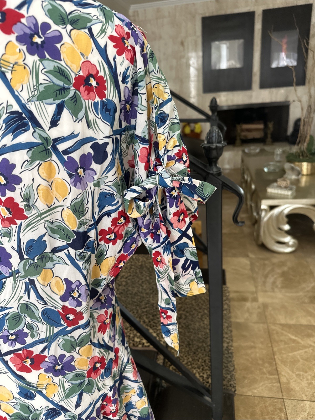 Norma Kamali 80s Floral Print Rayon High Low Long Dress Pussy Bow Keyhole Neck S