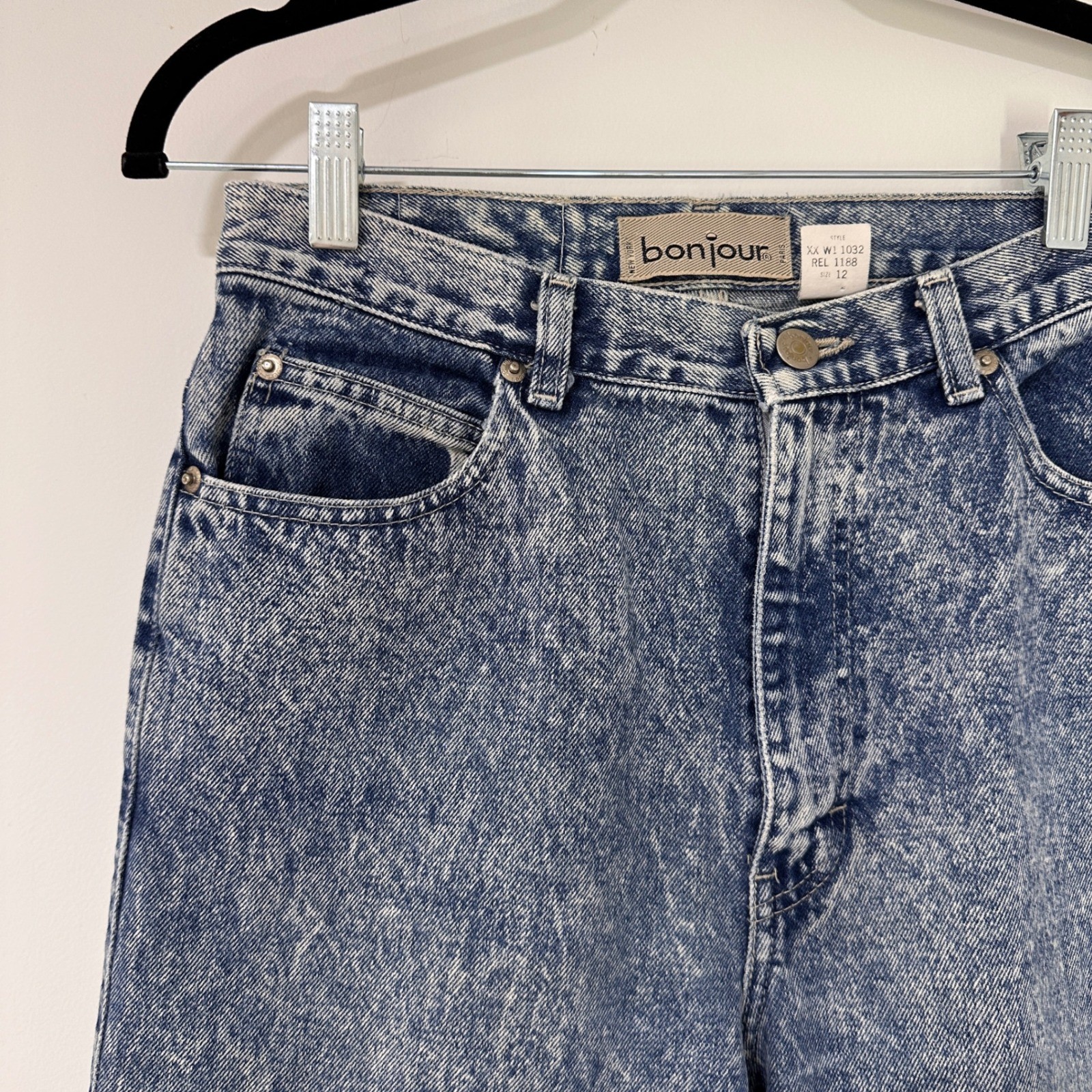 Bonjour Vintage High Waisted Acid Wash Jeans Womens 12 Blue Tapered | Retro 80s