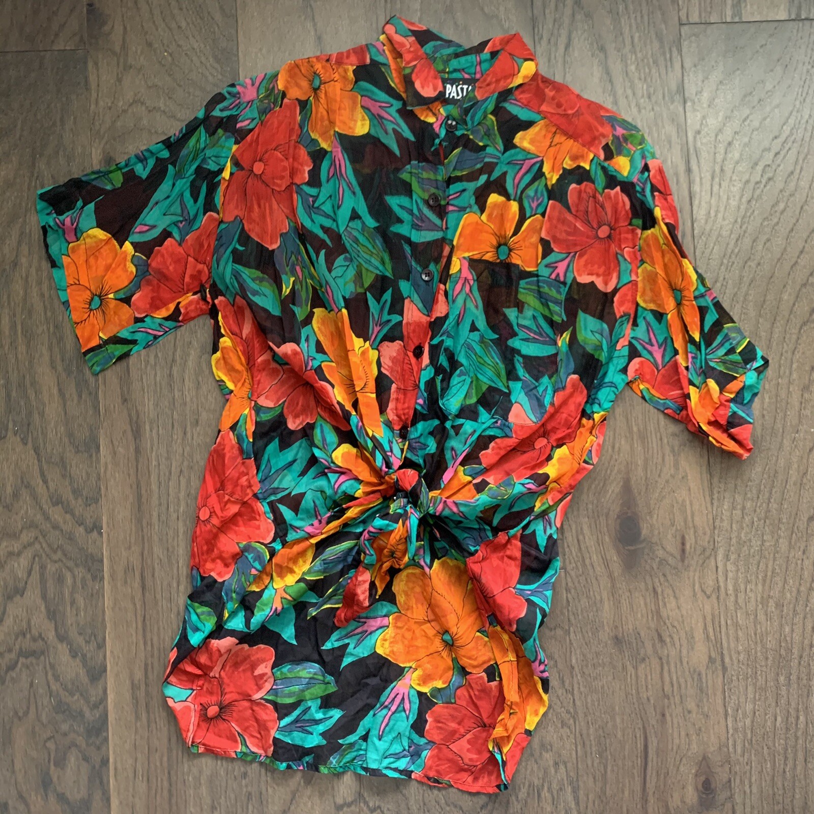 VTG 90s Bright Loud Floral Tropical Button Up Shirt Semi Sheer Blouse Womens S