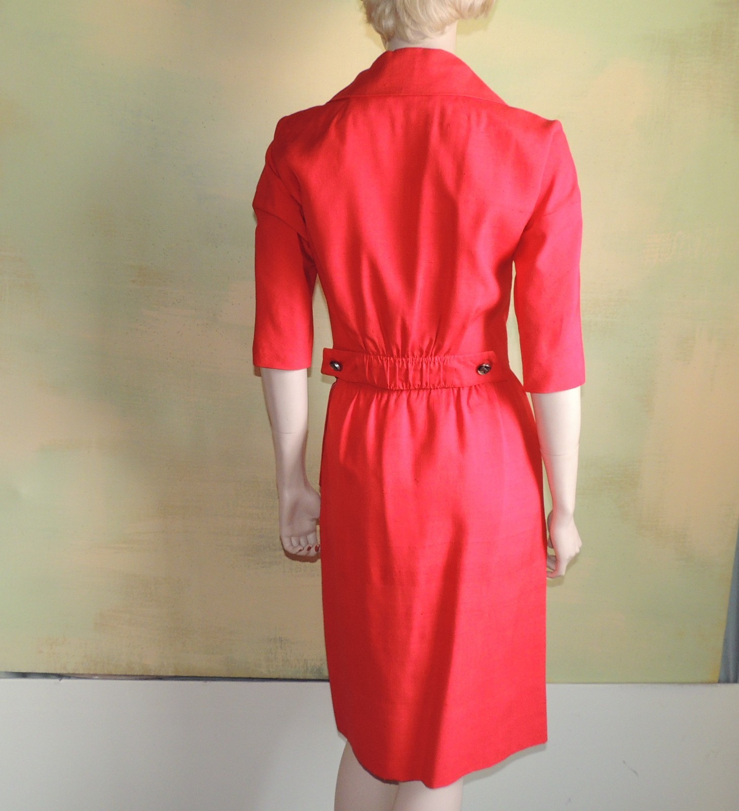 S Petite 50s Iconic Red Women’s Skirt Suit Pure Silk Dupioni Loomed n Italy Bows