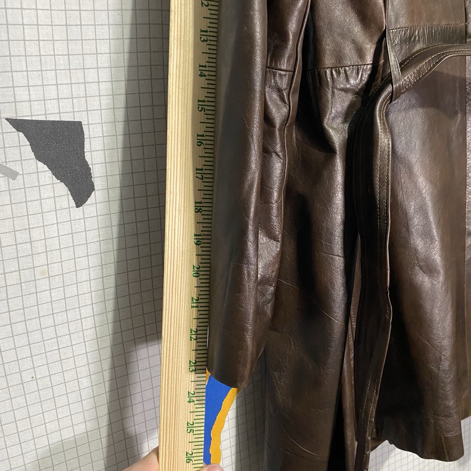 Vintage 60s Hide Leather Trench Coat Belt Wrap Open Wide Spread Lapel Altman