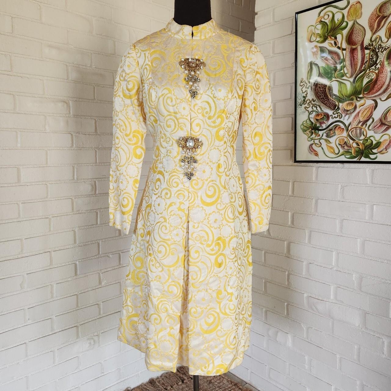 Vtg 60s Yellow Coat Regal Rococo Brocade Beaded
