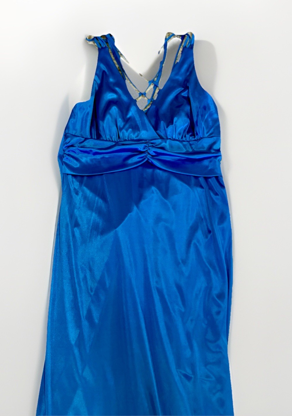 Vtg 90s TABOO Silky Low Back Prom Dress Blue Maxi Gown Slinky Slip Vneck 11/12
