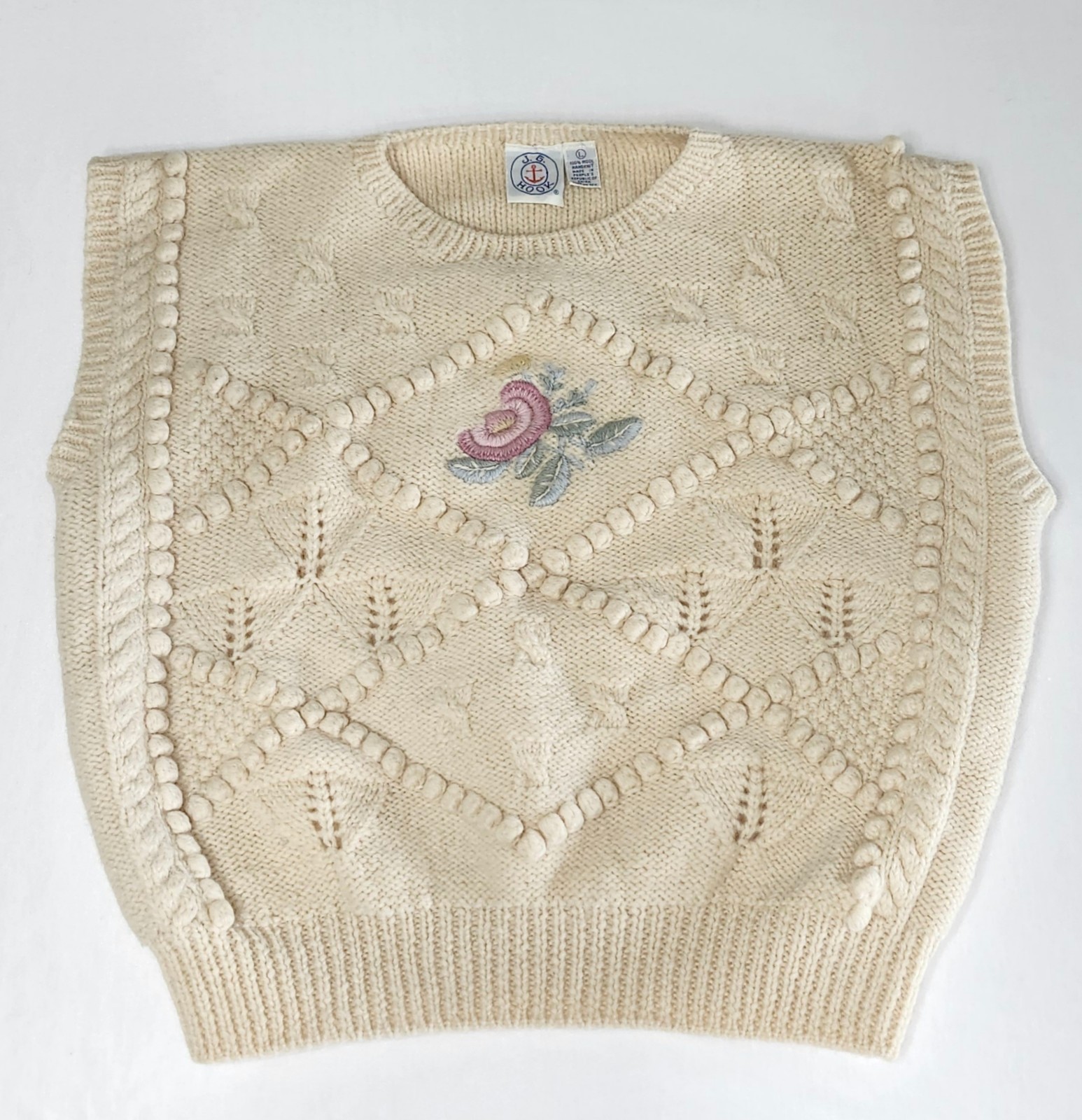 Vintage 100% Wool Sweater Vest with Floral Embroidery Cottage Core Style Sz L