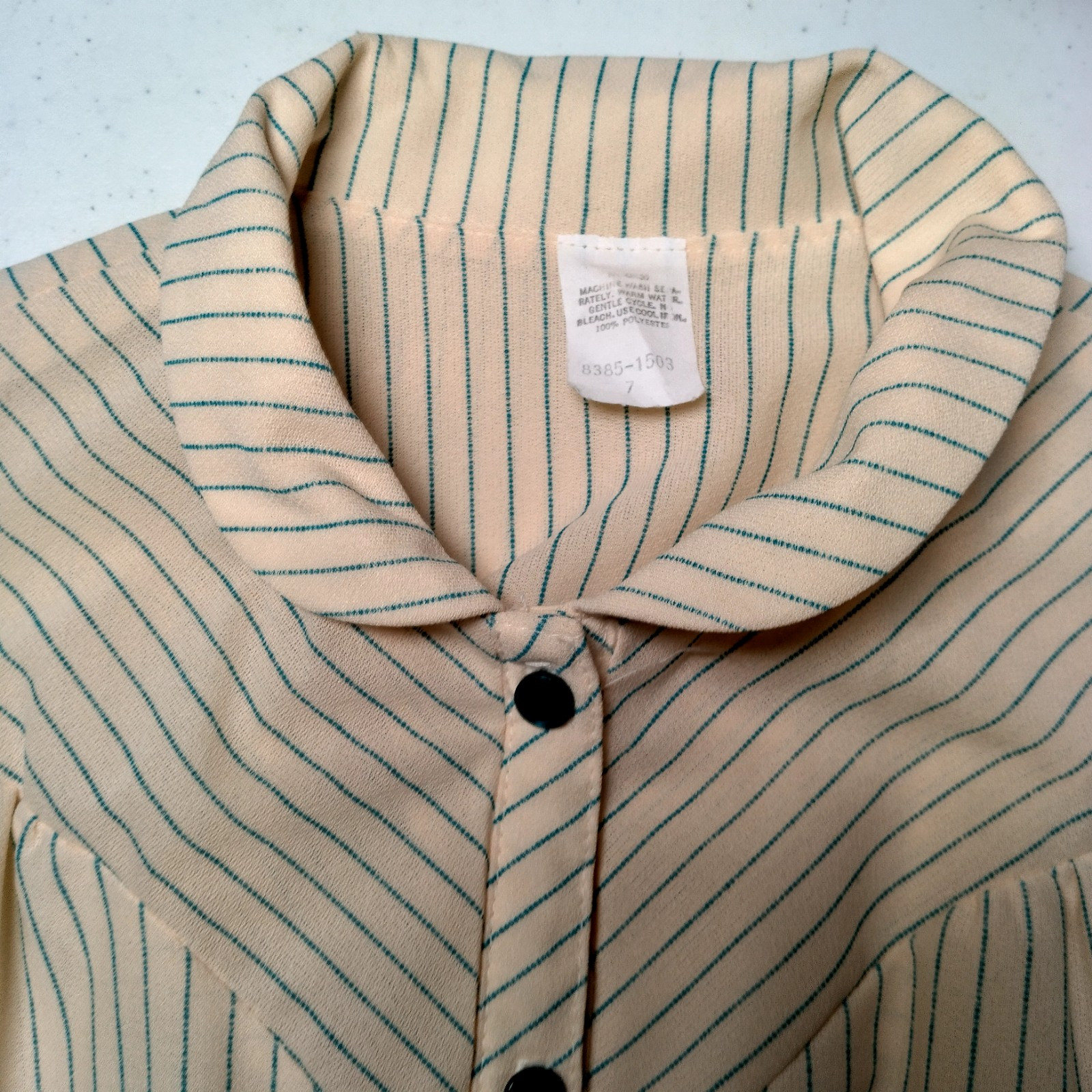 Vintage 1970s Dress Size 7 Ivory Blue Stripe Button Up Collar Belted Secretary