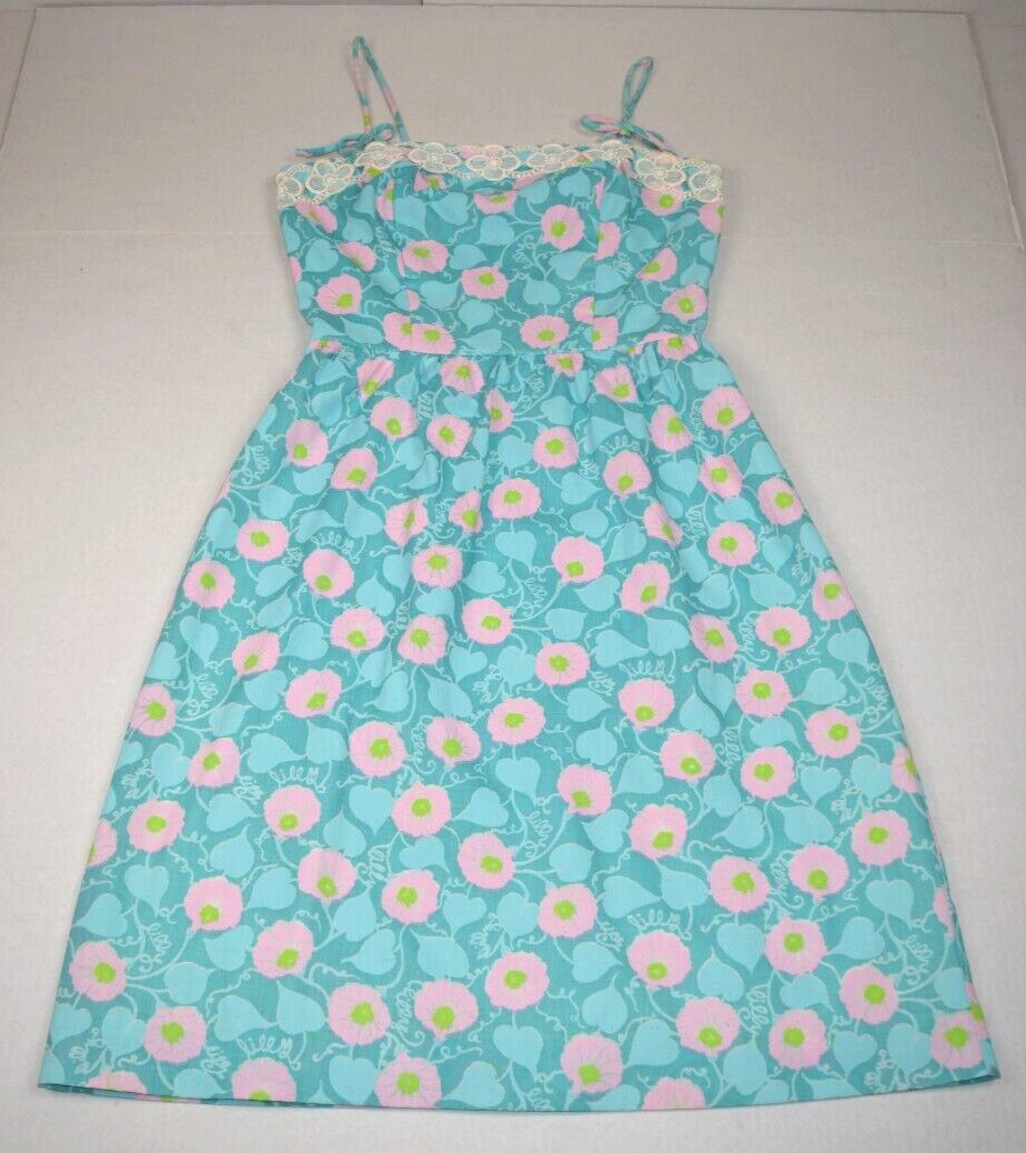 Vintage Lilly Pulitzer Dress Size S 60s Turquoise Blue Pink Flower Lace Trim