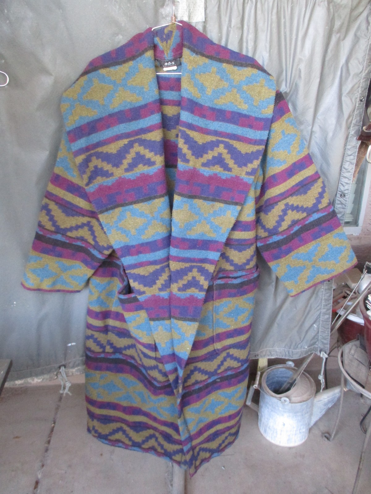 Vtg ABS, A.B.S. CALIFORNIA, Native Indian Blanket Wool Blend Robe Coat, USA made