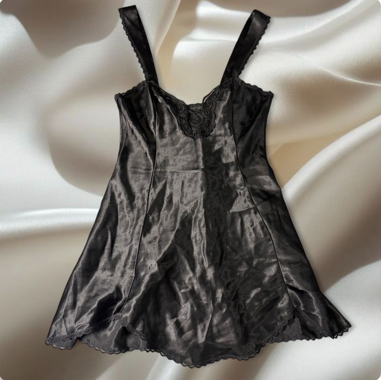 Vintage 90s Black Satin Slip Dress Made in USA Lace Lingerie Mini Medium