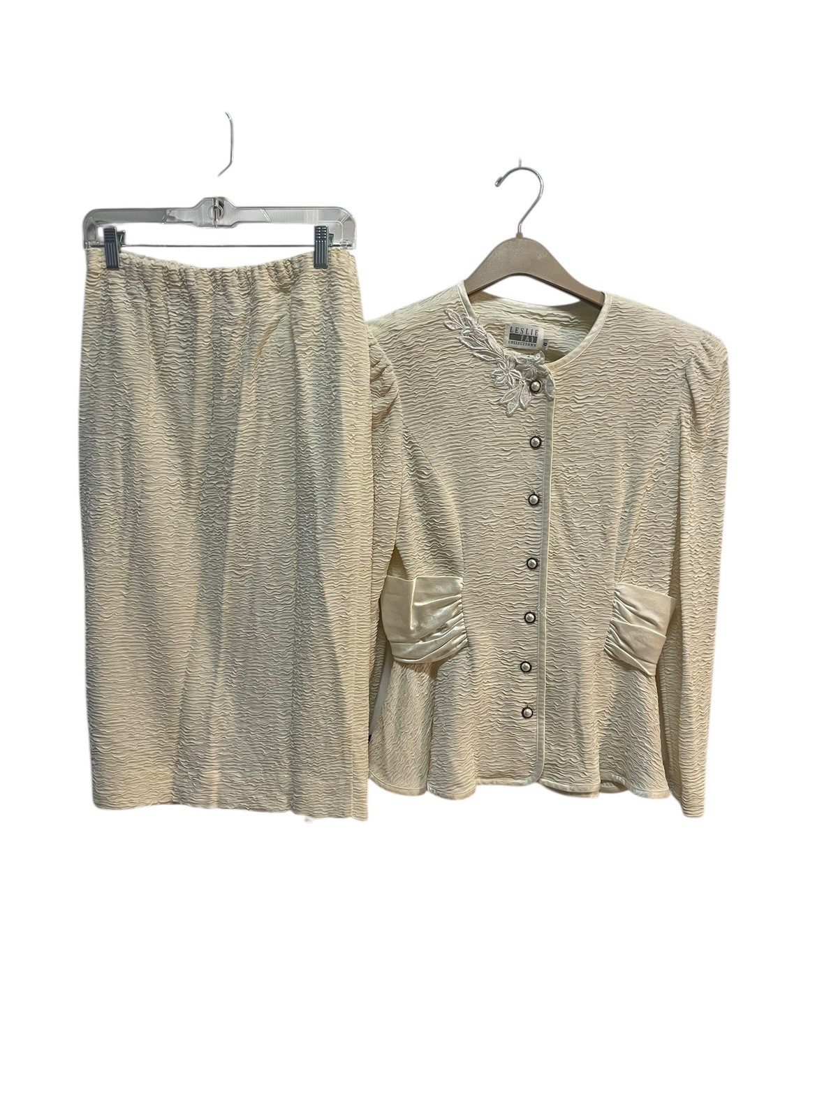 Vintage Leslie Fay Cream Textured Skirt Suit Set Womens 8 Vintage Formal Church