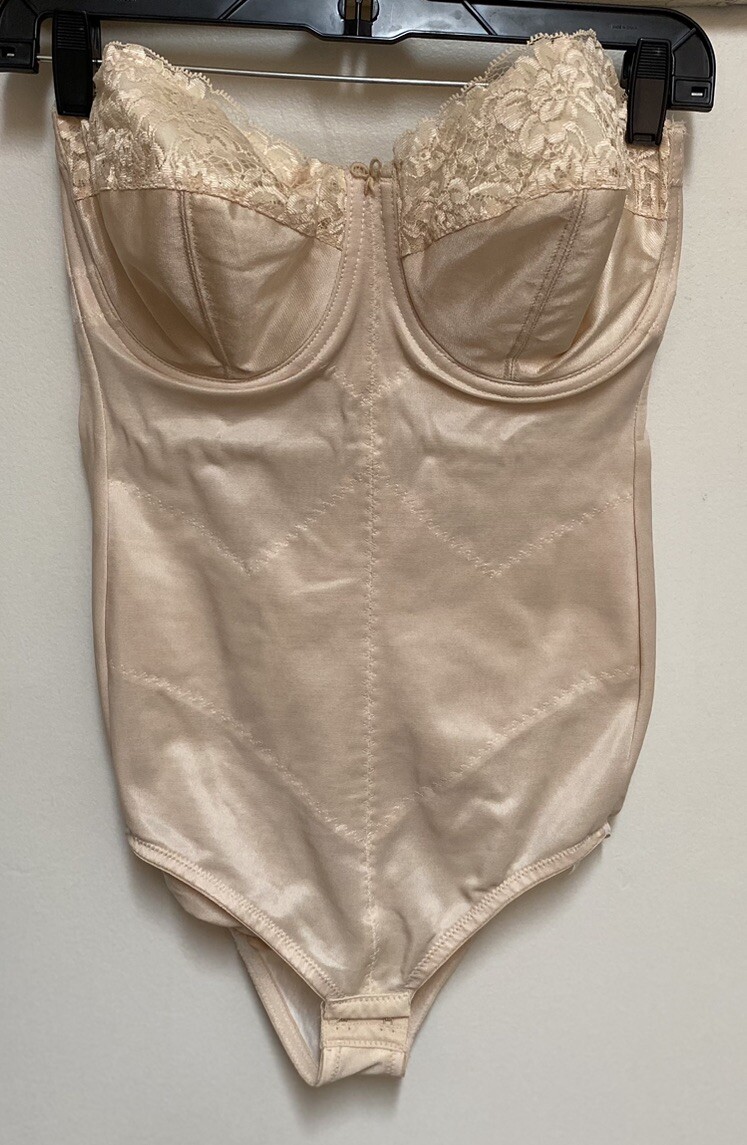 Vintage GLAMORISE Bodysuit Girdle Bra Shaper Beige 6216 Lace Strapless 36D