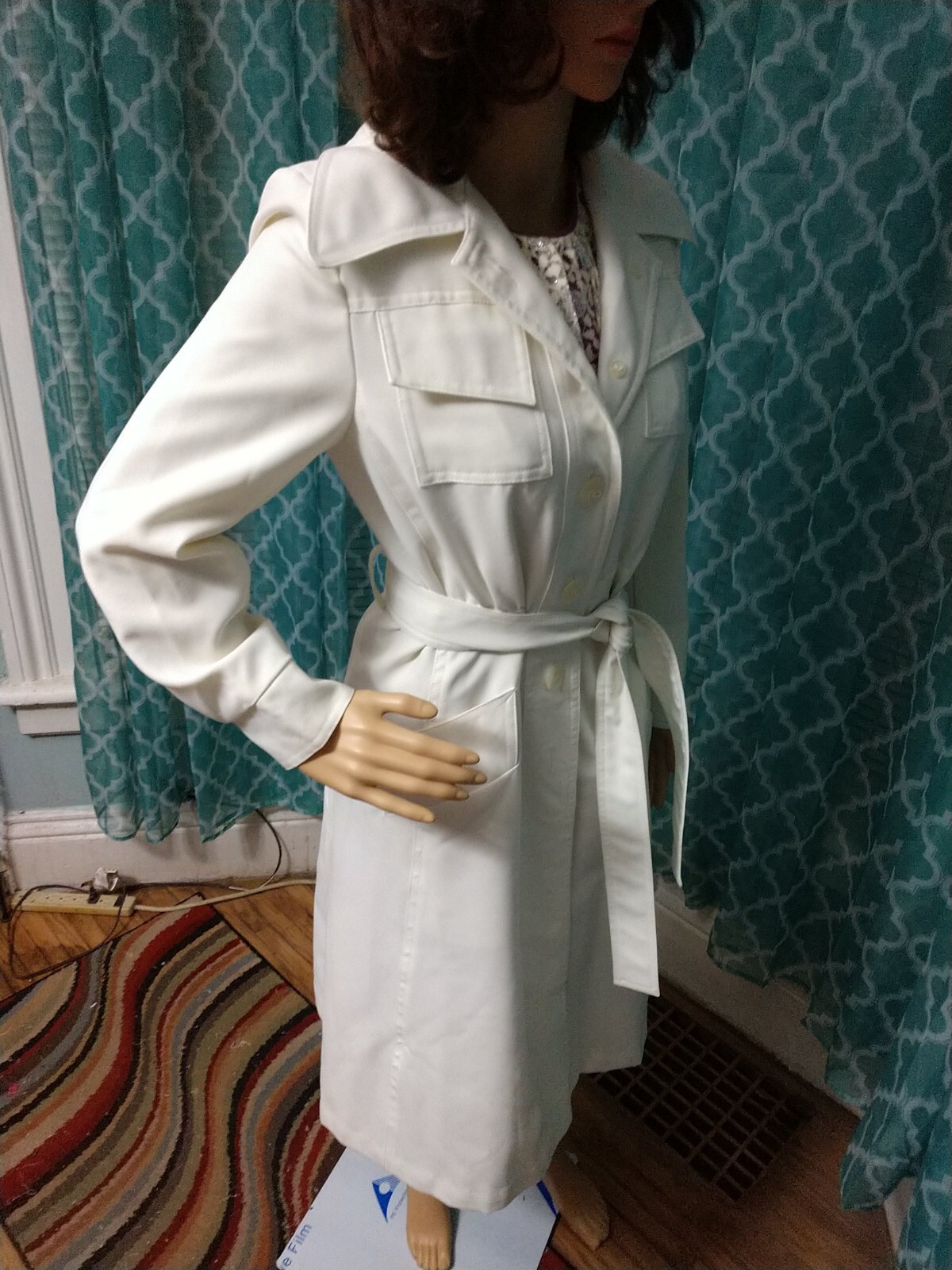 Vintage Jerold Jr Ivory Poly-twill collared trench coat or dress 7/8 with belt