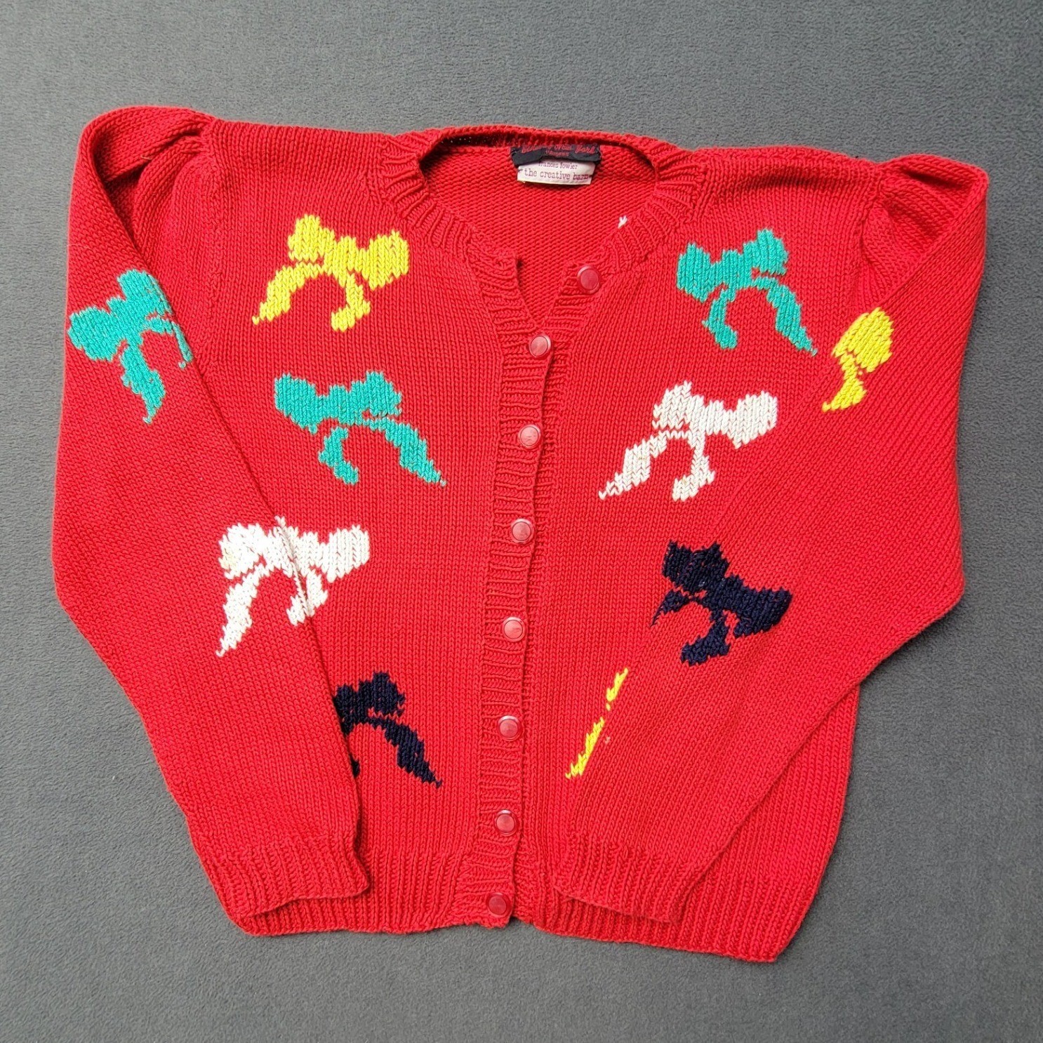 VTG Ethel Of New York Hand Knit Cardigan Red Bow Intarsia Pattern Women-LG