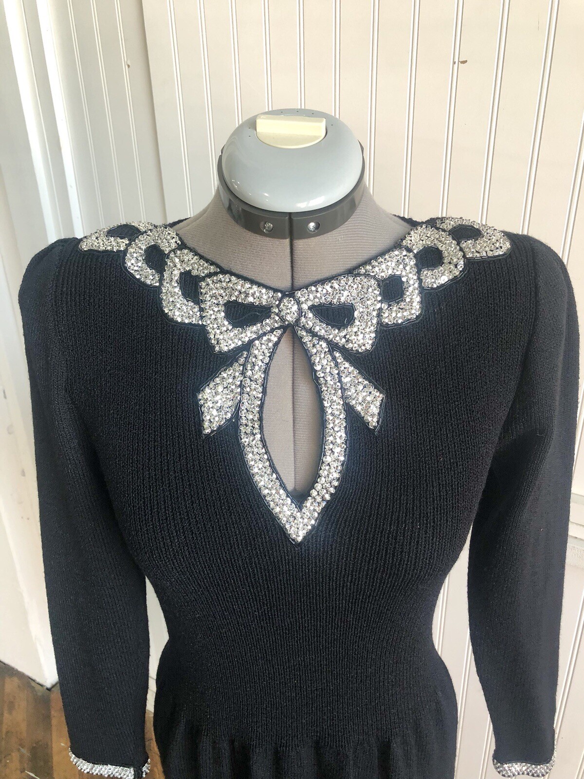 Vintage Black Knit Don Sayers For Wellmore Dress Silver Sequin Bow, *New Year’s