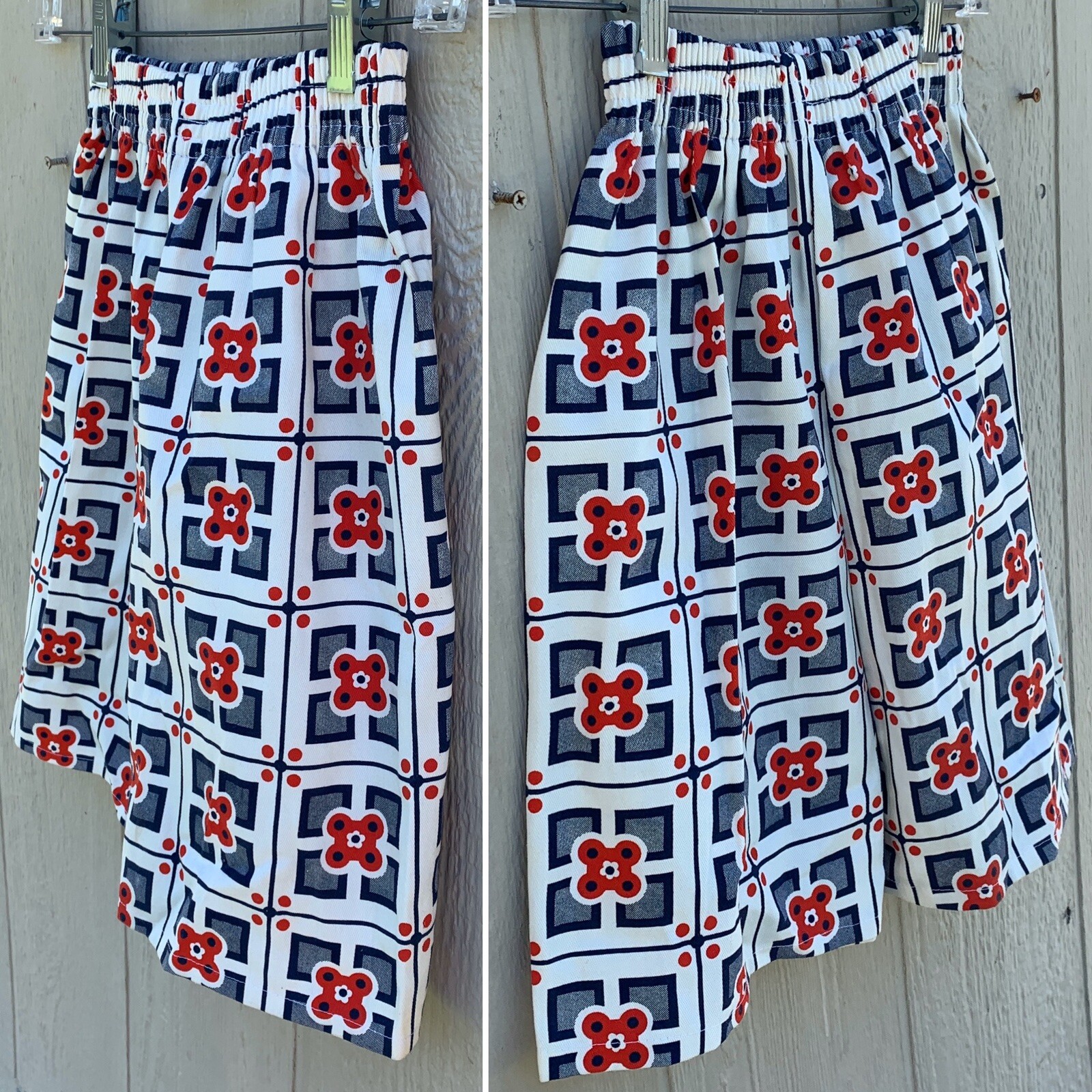 Vintage High Waist Shorts Red White Blue Geometric Floral Elastic Waist XS S