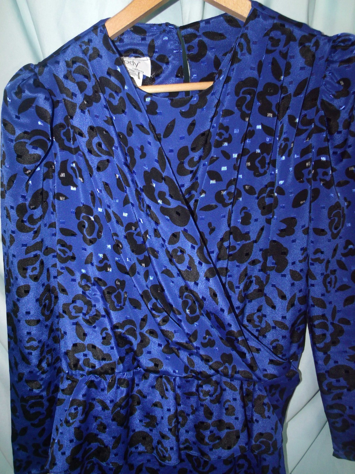 VTG Jody Calif. Blue Geometric Midi Peplum Sheath Dress Women’s Sz 14 80s Retro