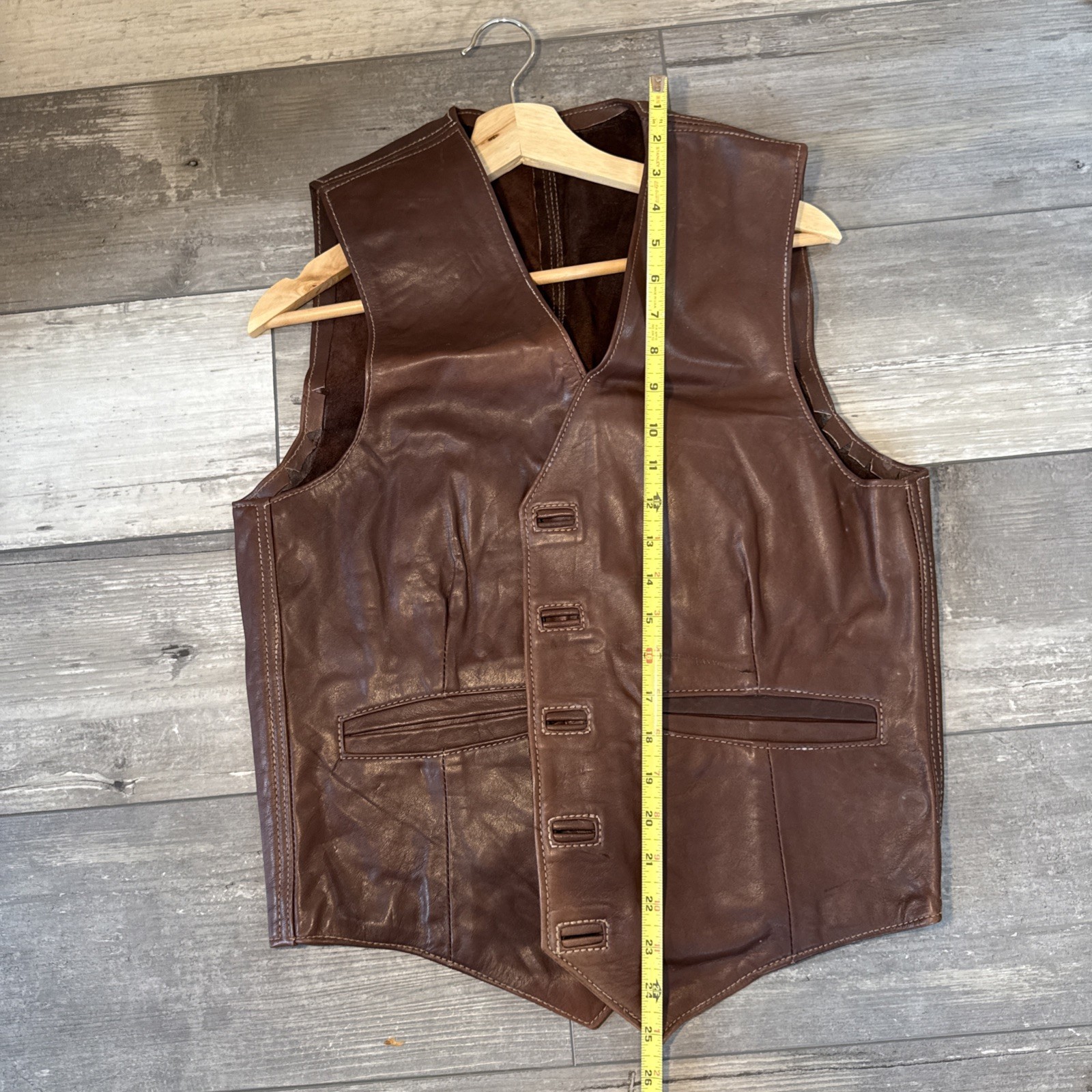Vintage Brown Genuine Leather Vest Size 42 Sleeveless Western Button Front