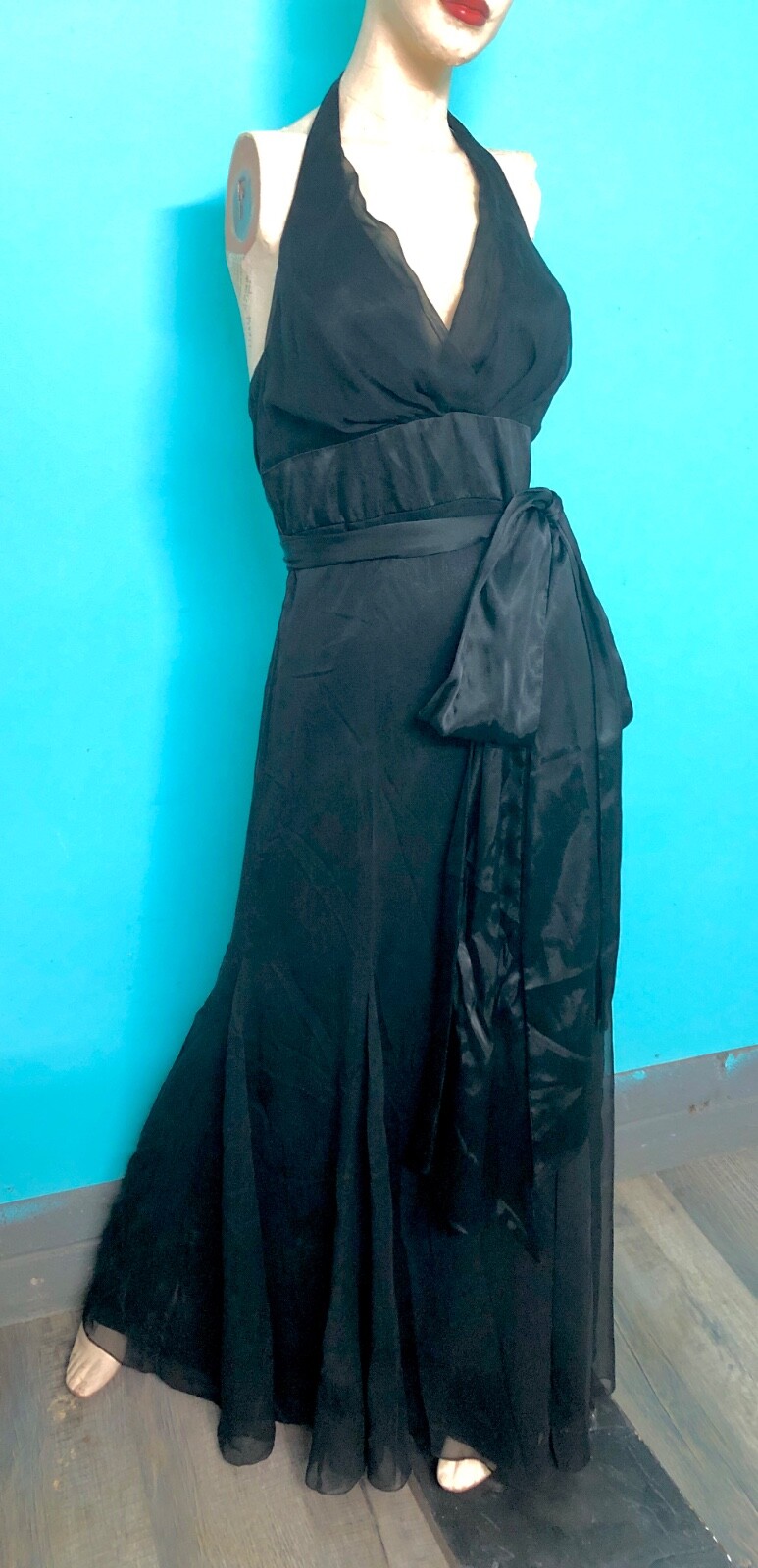 VTG Y2K WATTERS/WATTERS Black Halter Chiffon Satin Mermaid Evening Formal Gown~8