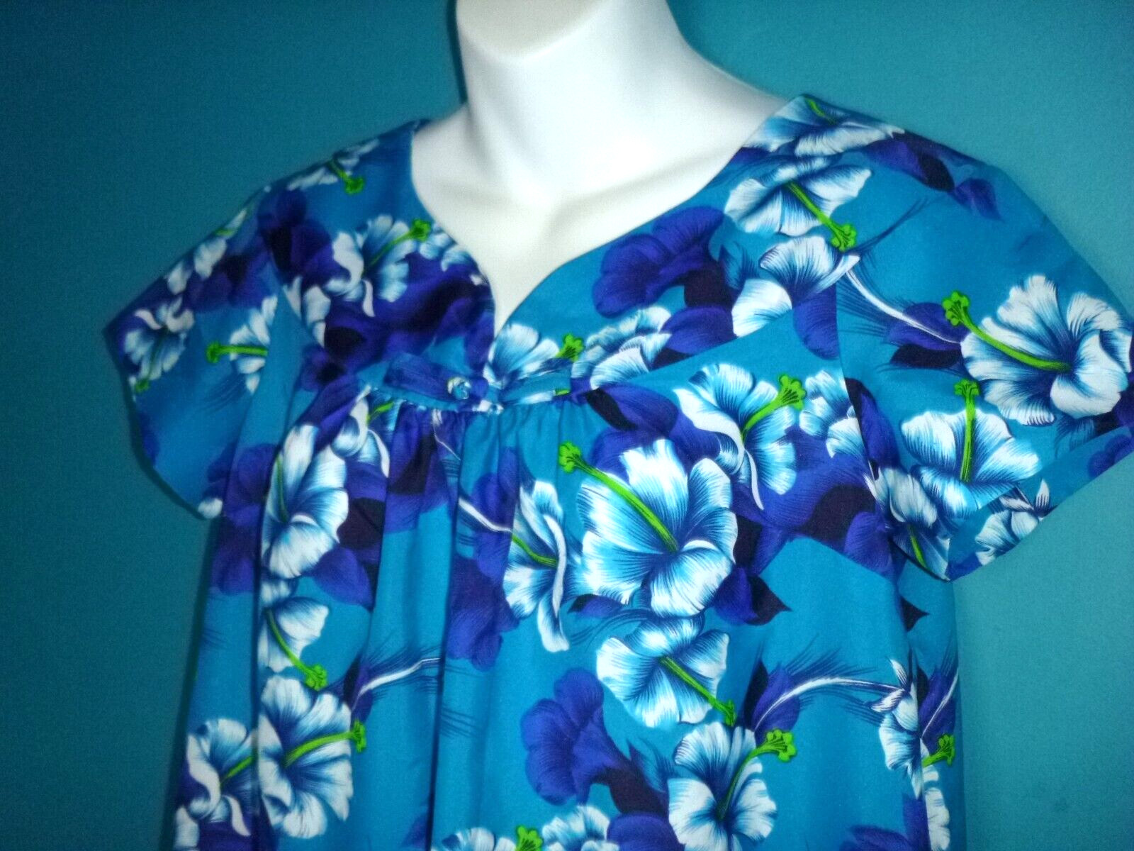 Vtg 60s 70s Ti’a Hawaiian House Dress MuuMuu Blue Aqua Floral Sz S/M