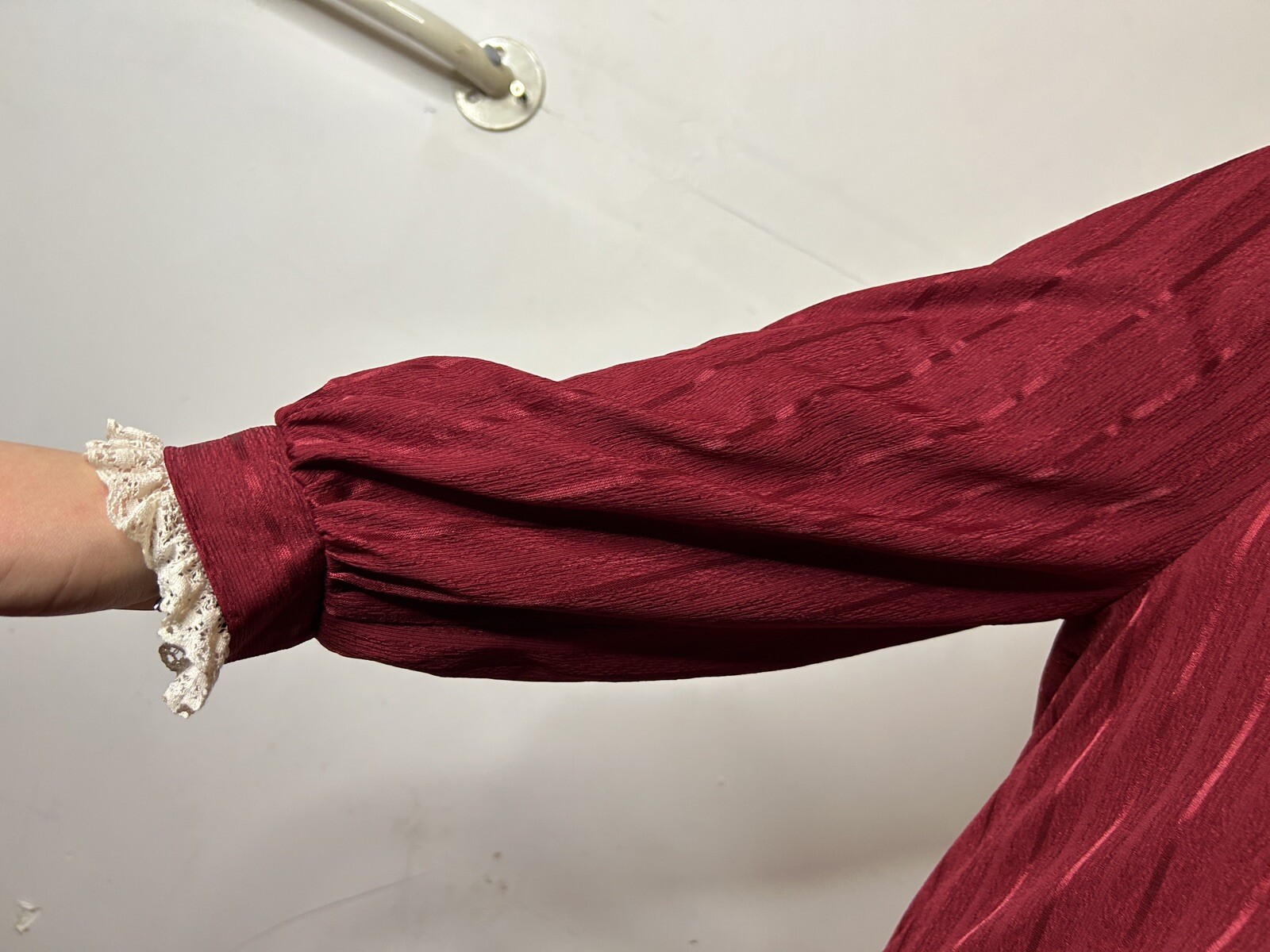 Vintage Australian ARC 80s Burgundy Midi Trapeze Dress Lace Yoke Pinstripe AU 14