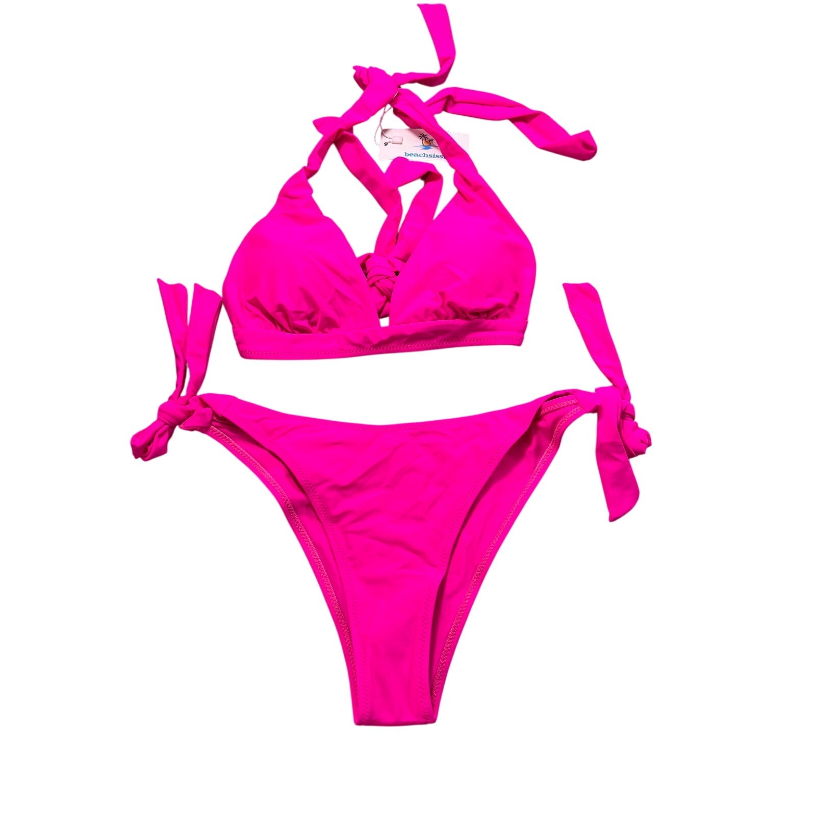 NWT Beachsissi Neon Pink Triangle Bikini Set Tie Side Halter Swimsuit Size Large