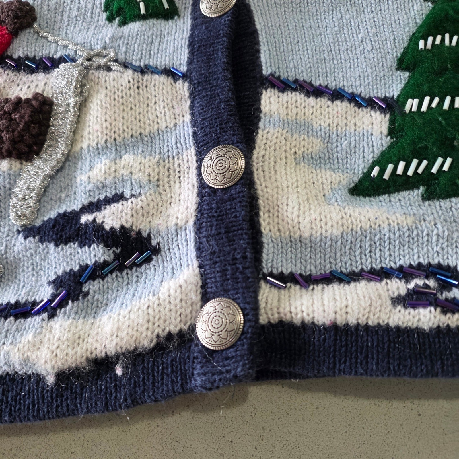 Vintage Winter Skiing Teddy Bear Sweater Vest Navy Blue Beaded Holiday Small